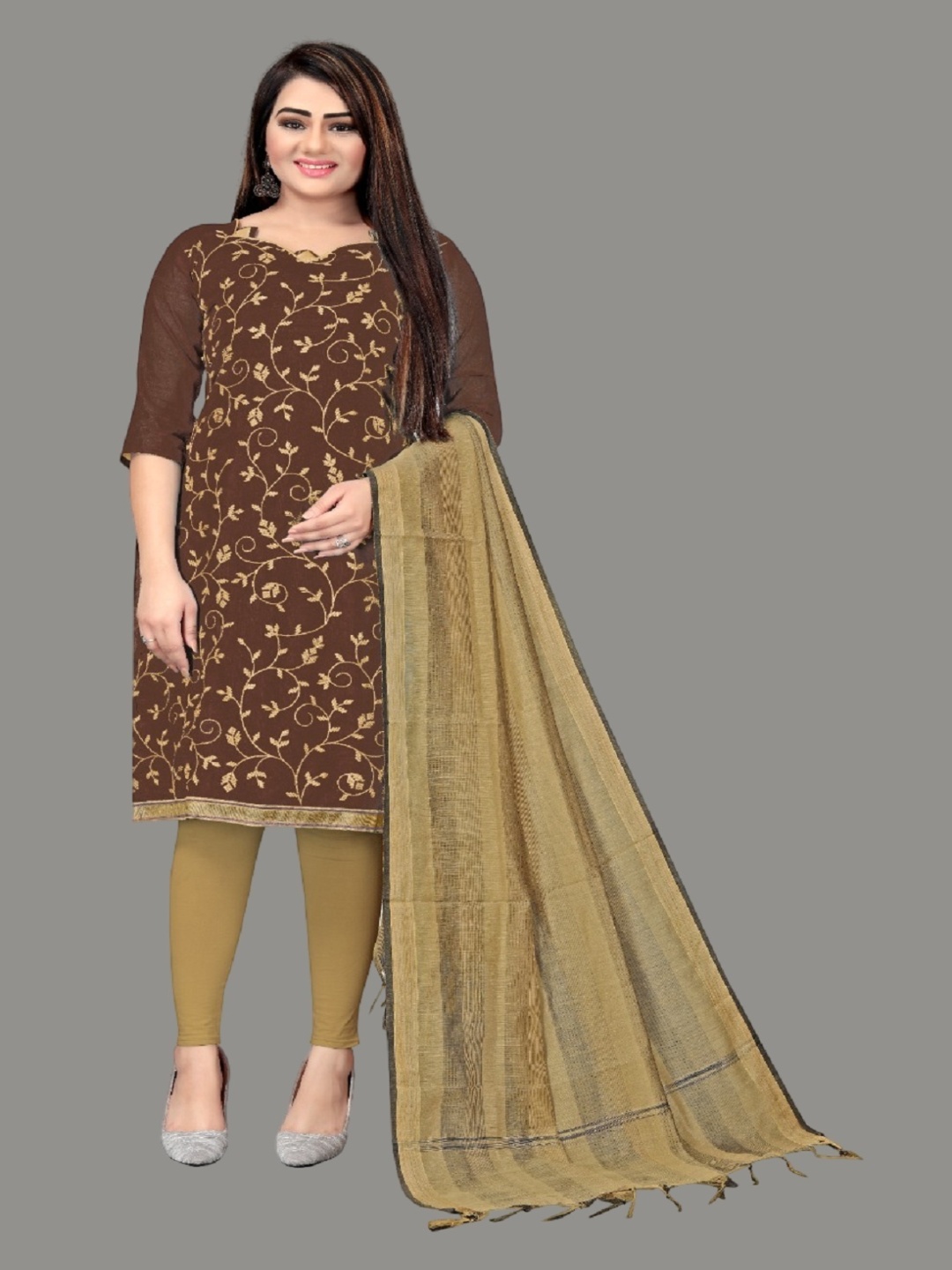 

Aika Ethnic Motifs Zari Embellished Unstitched Dress Material, Brown