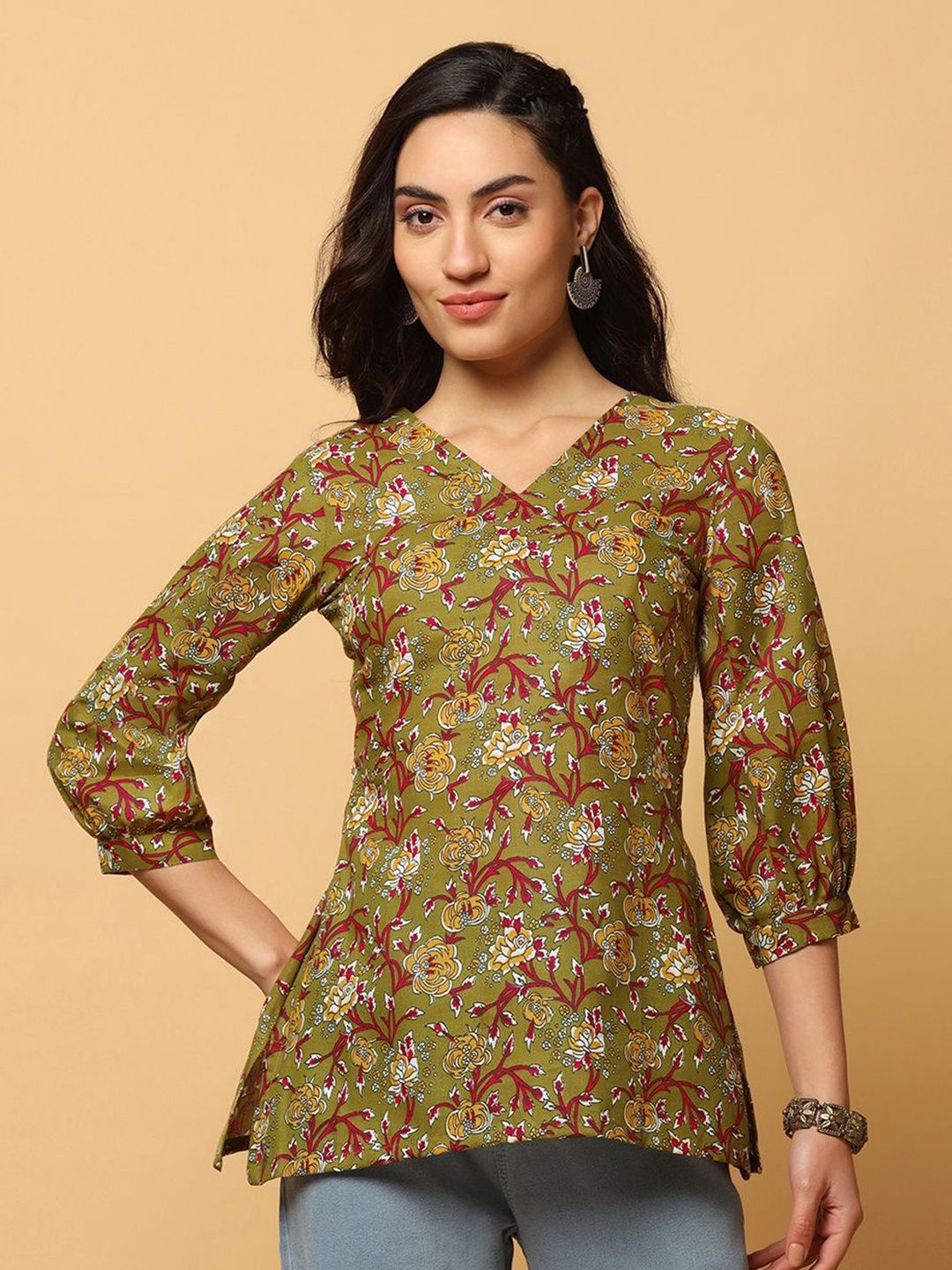 

BAESD Women Floral Printed V-Neck Top, Green