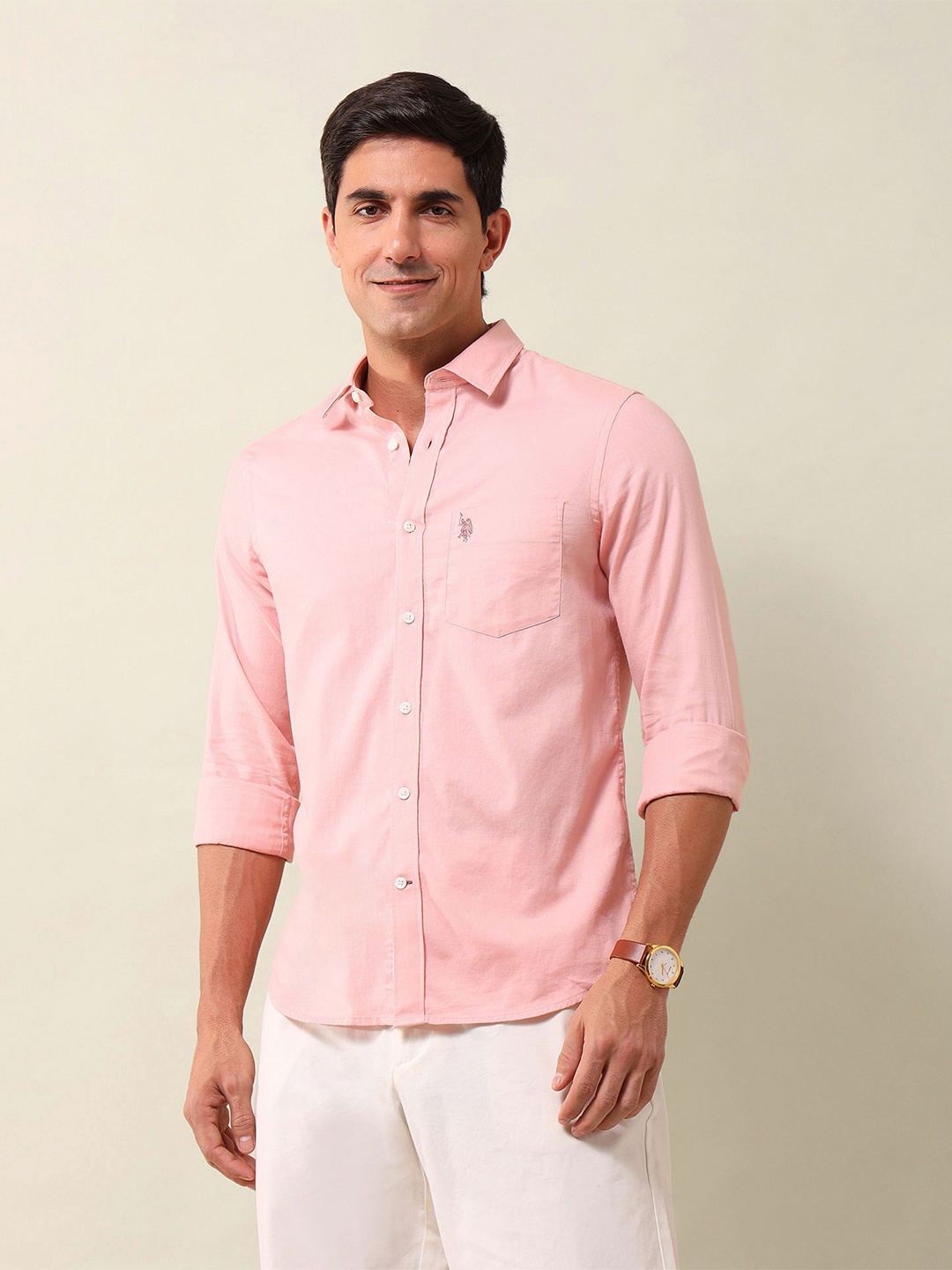 

U.S. Polo Assn. Men Spread Collar Solid Cotton Casual Shirt, Peach
