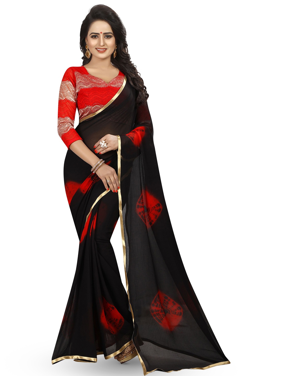 

Aika Solid Printed Saree, Red