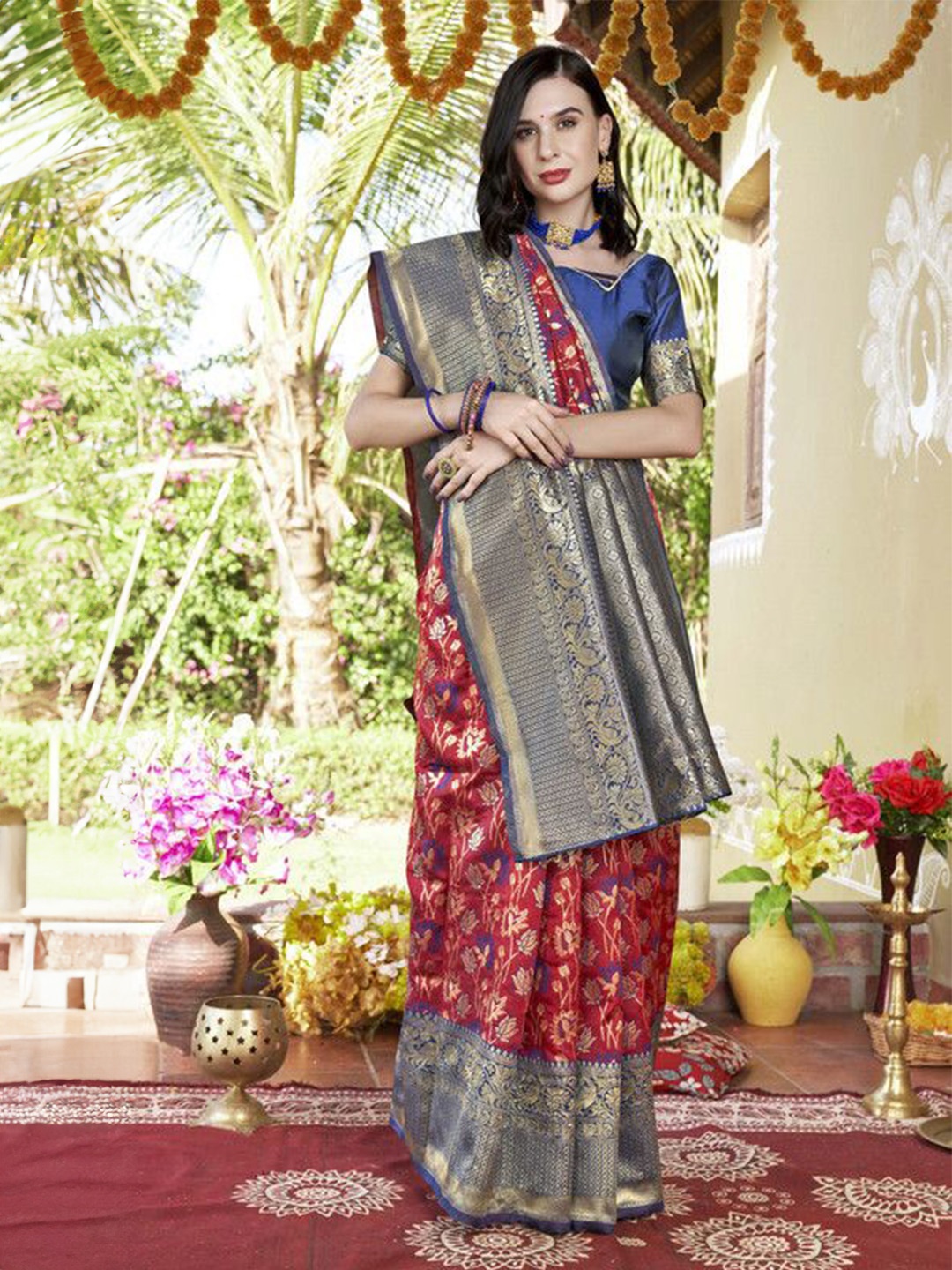 

sagarika Ethnic Motifs Zari Banarasi Saree, Rust