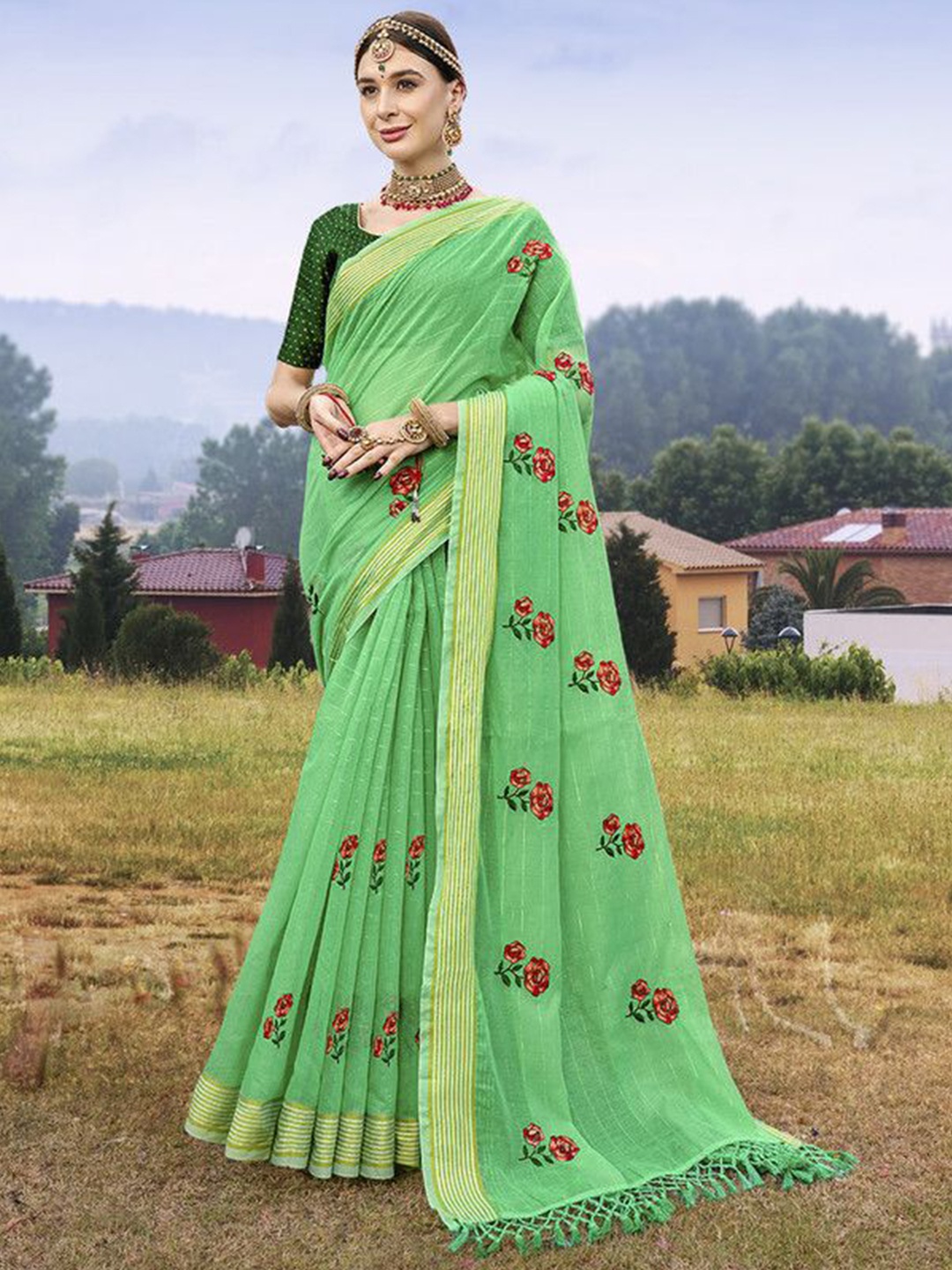 

sagarika Floral Chanderi Saree, Green