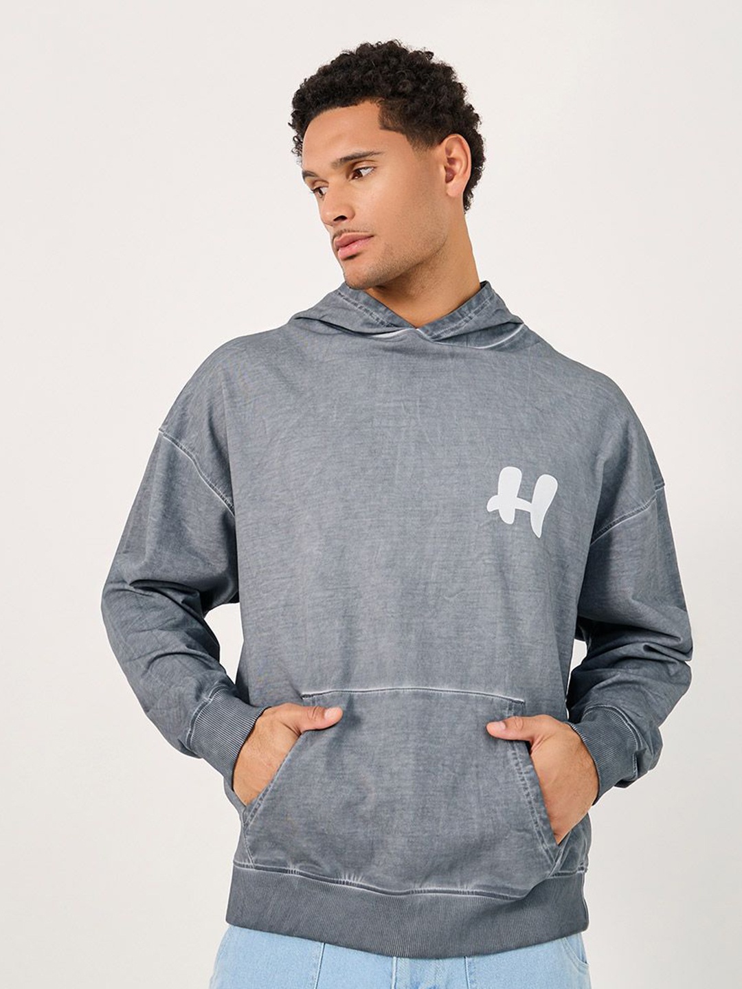 

Styli Men Acid Washed Front Graphic Oversized Hoodie, Grey