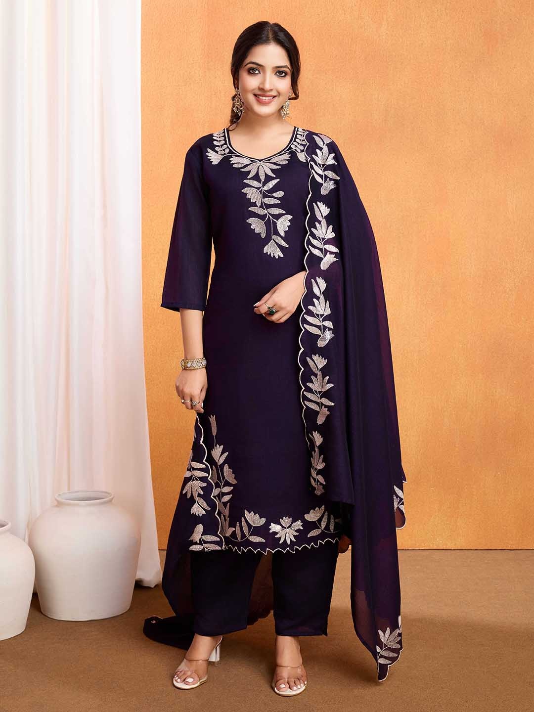 

Siya Fashion Floral Embellished Round Neck Straight Kurta With Trouser And Dupatta, Navy blue