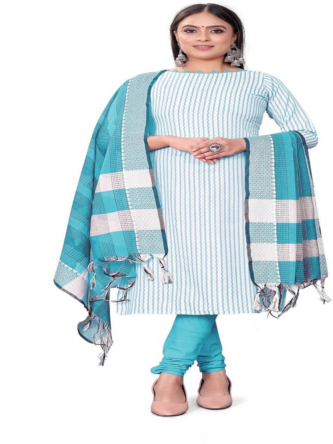 

Aika Striped Printed Pure Cotton Unstitched Dress Material, White