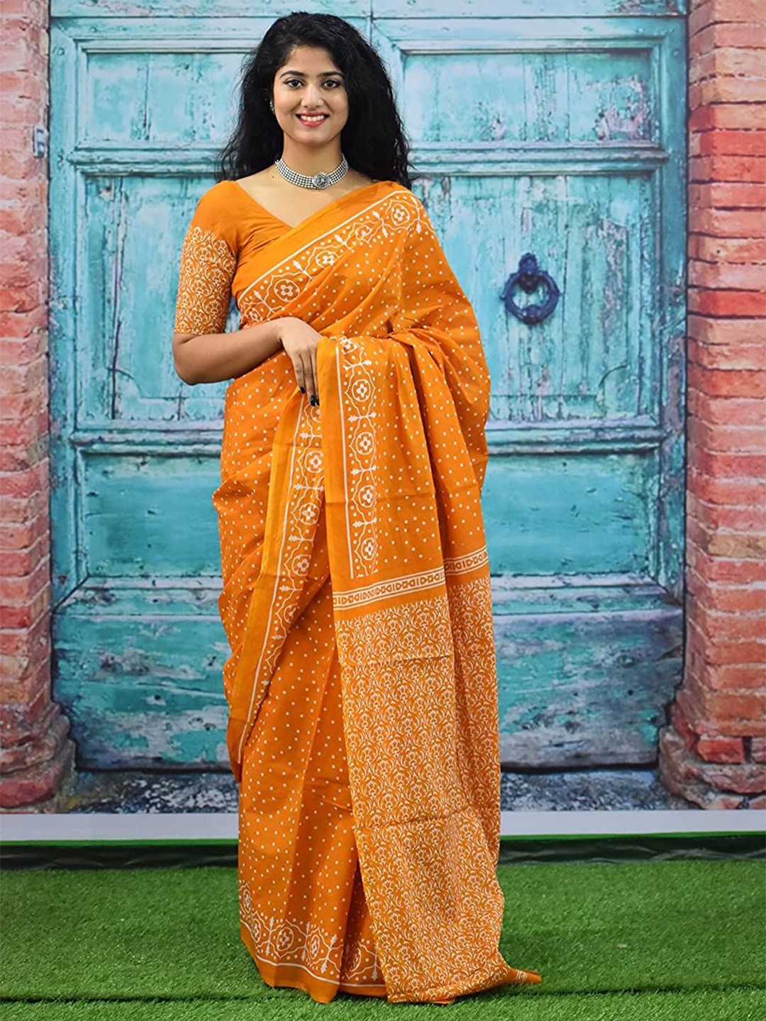 

Craft Musium Floral Pure Cotton Bagru Saree, Yellow