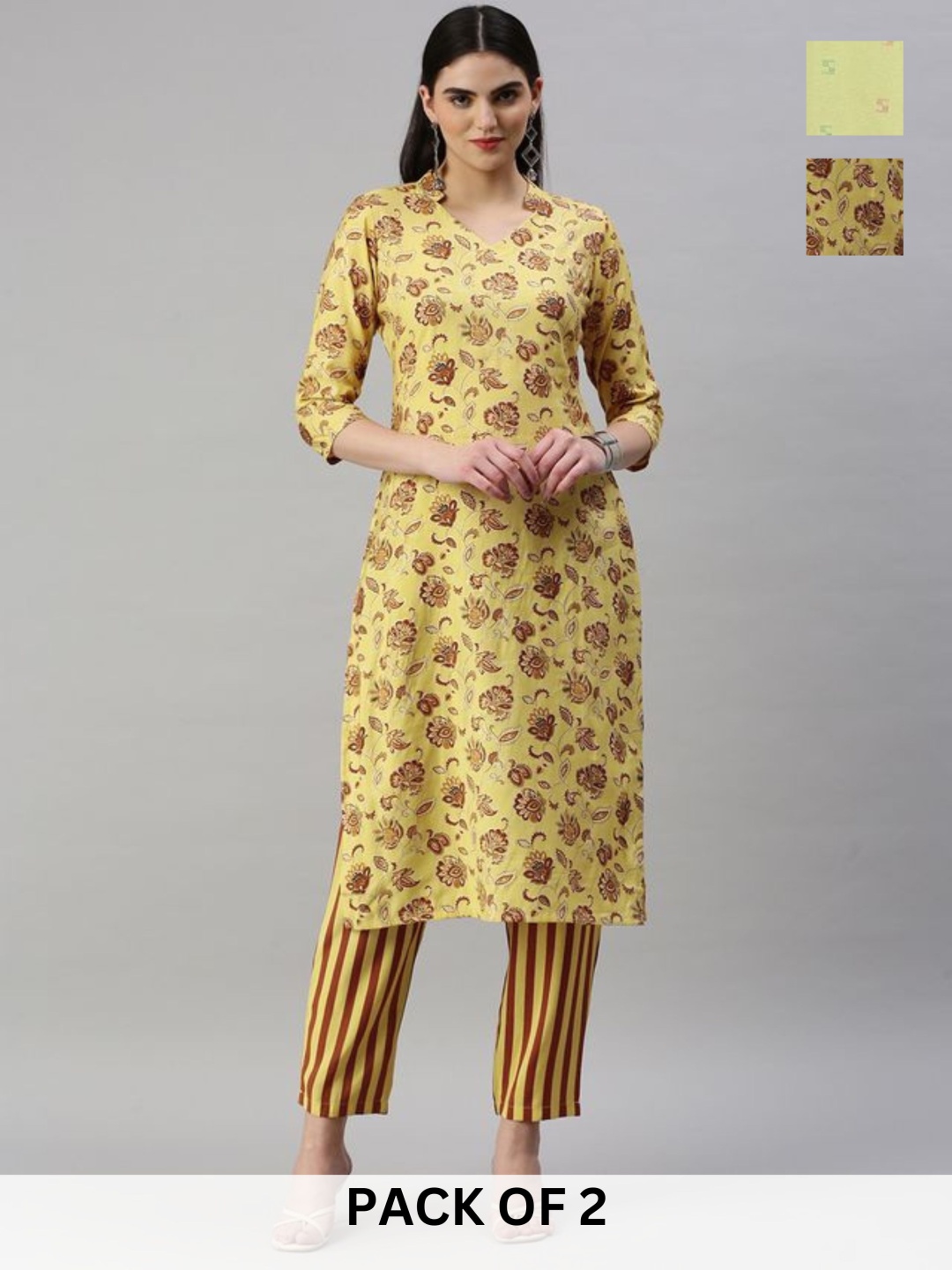 

KALINI Selection Of 2 Floral Printed Straight Kurta With Trousers, Yellow