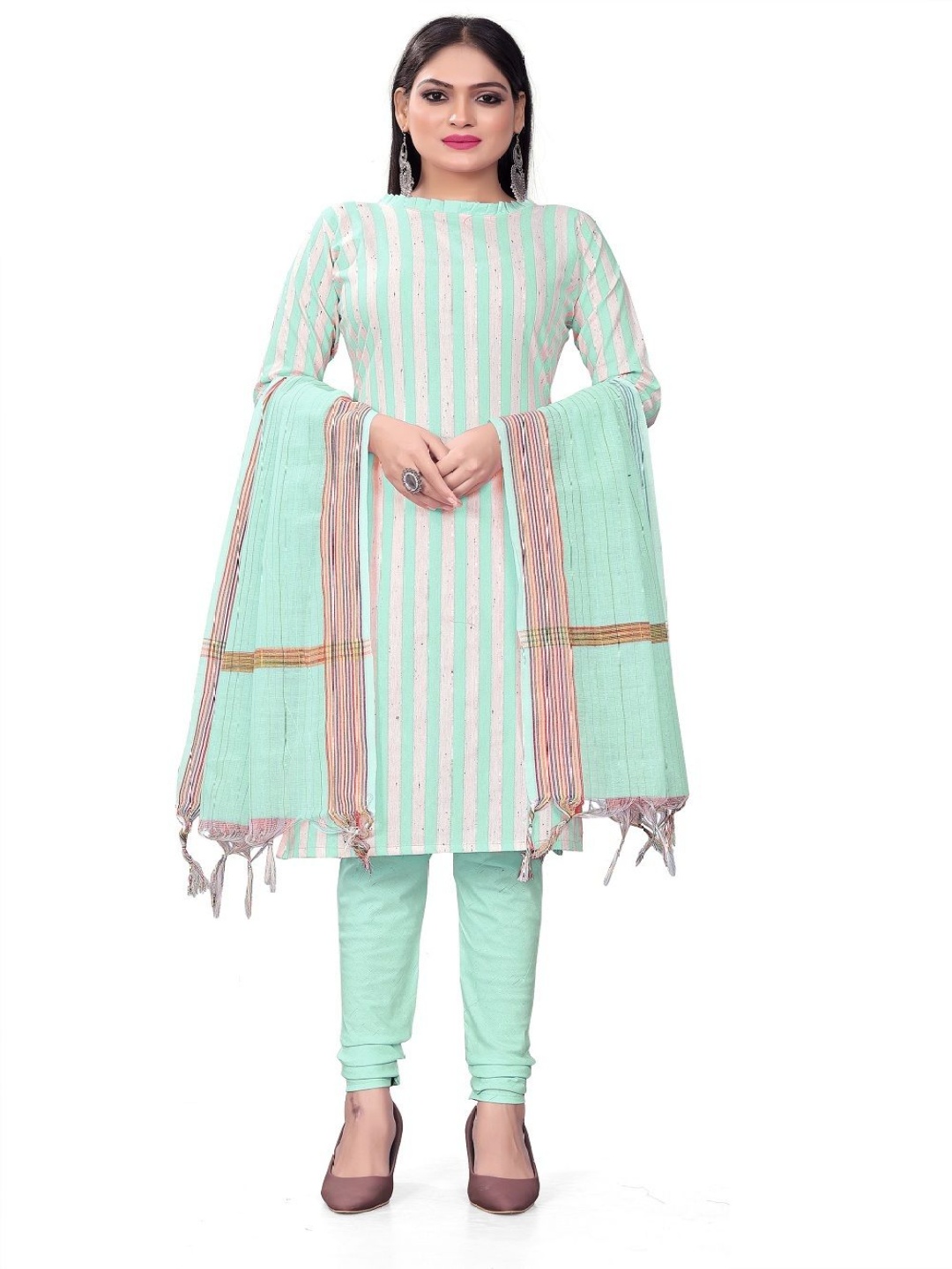 

Aika Striped Pure Cotton Unstitched Dress Material, Green