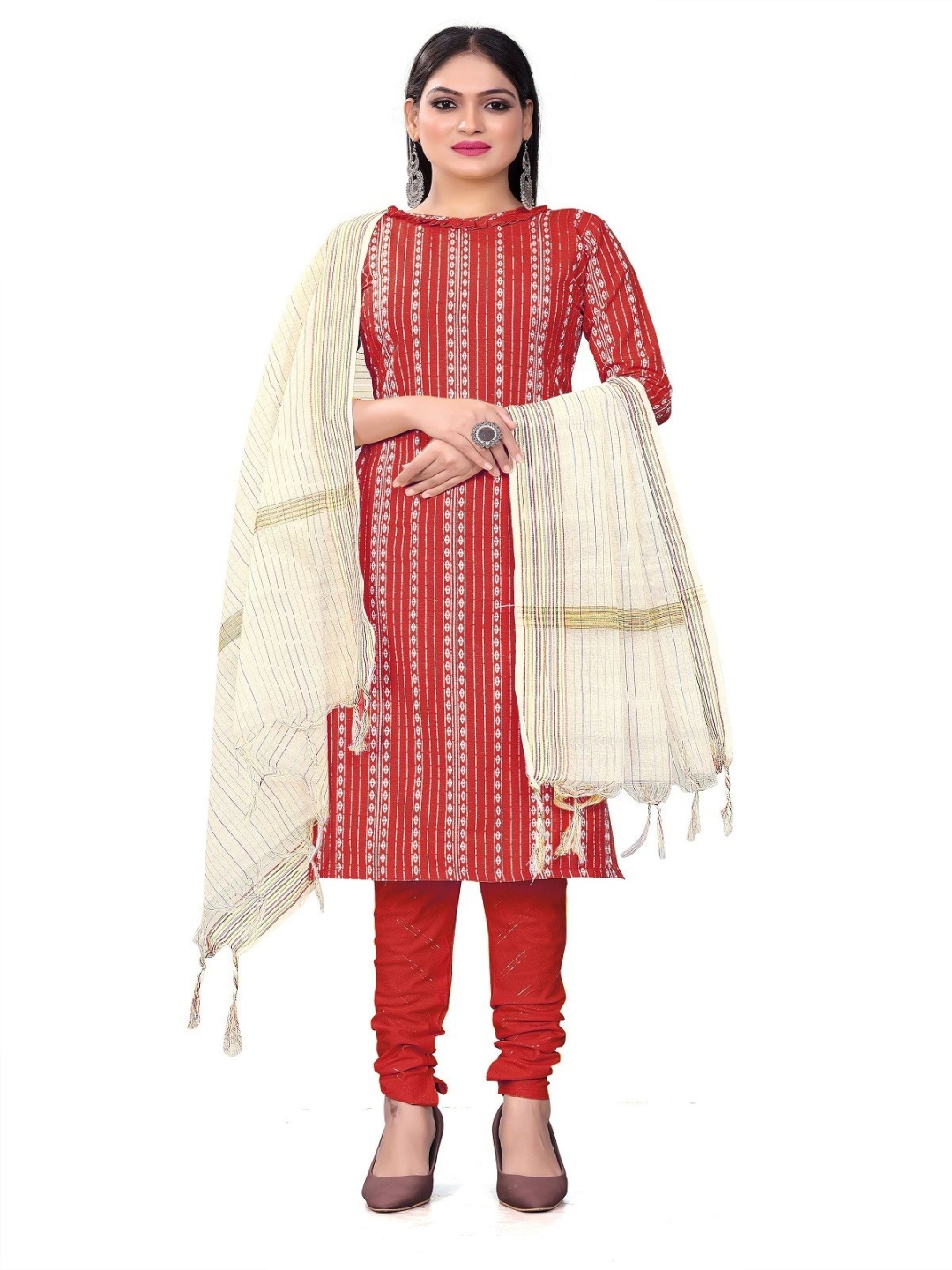 

Aika Geometric Printed Pure Cotton Unstitched Dress Material, Red