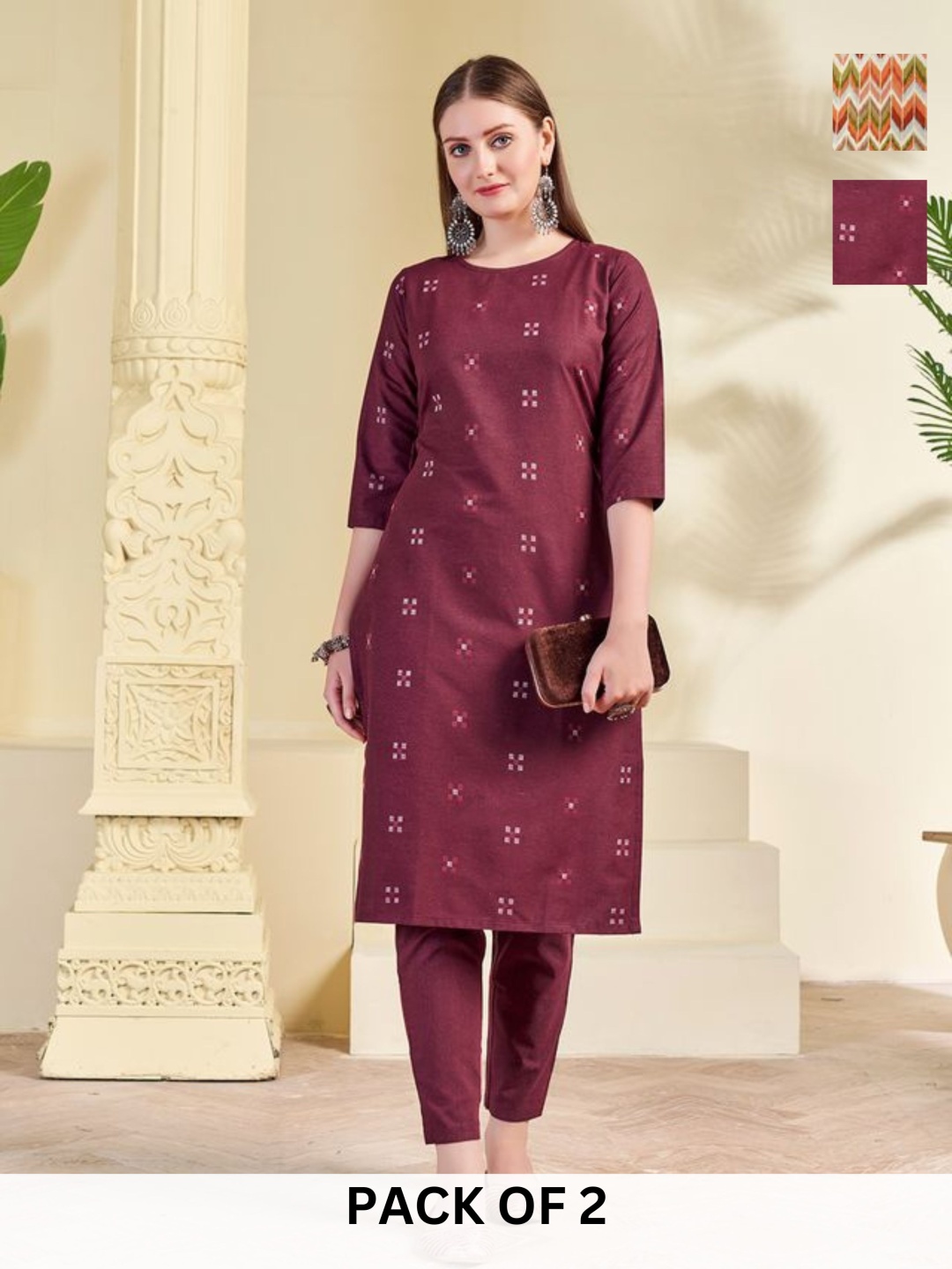 

KALINI Selection Of 2 Geometric Printed Straight Kurta With Trousers, Maroon