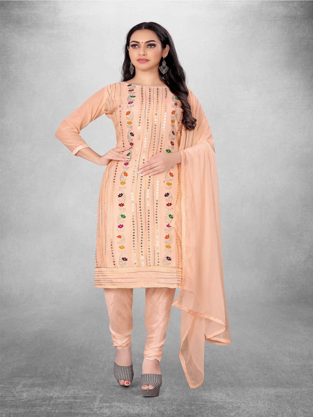 

Aika Floral Embroidered Chanderi Unstitched Dress Material, Orange