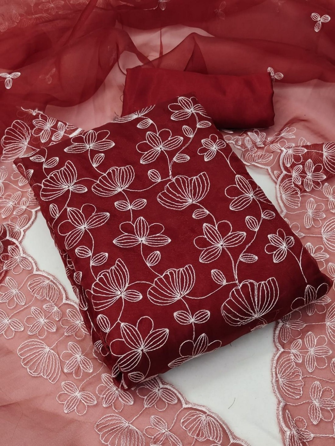 

Aika Floral Printed Organza Unstitched Dress Material, Red