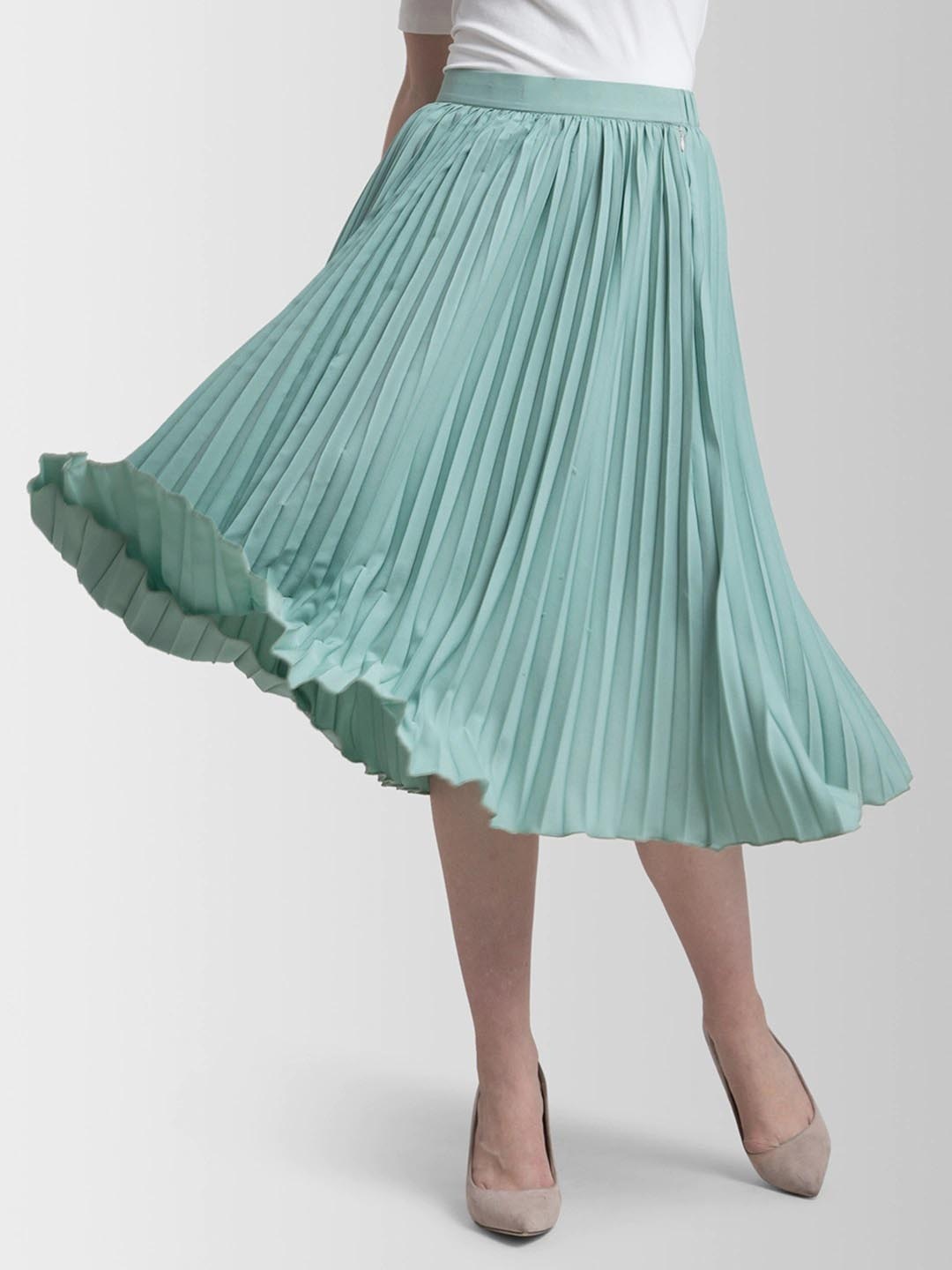 

ZWERLON Women Pleated A-line Midi Skirt, Sea green