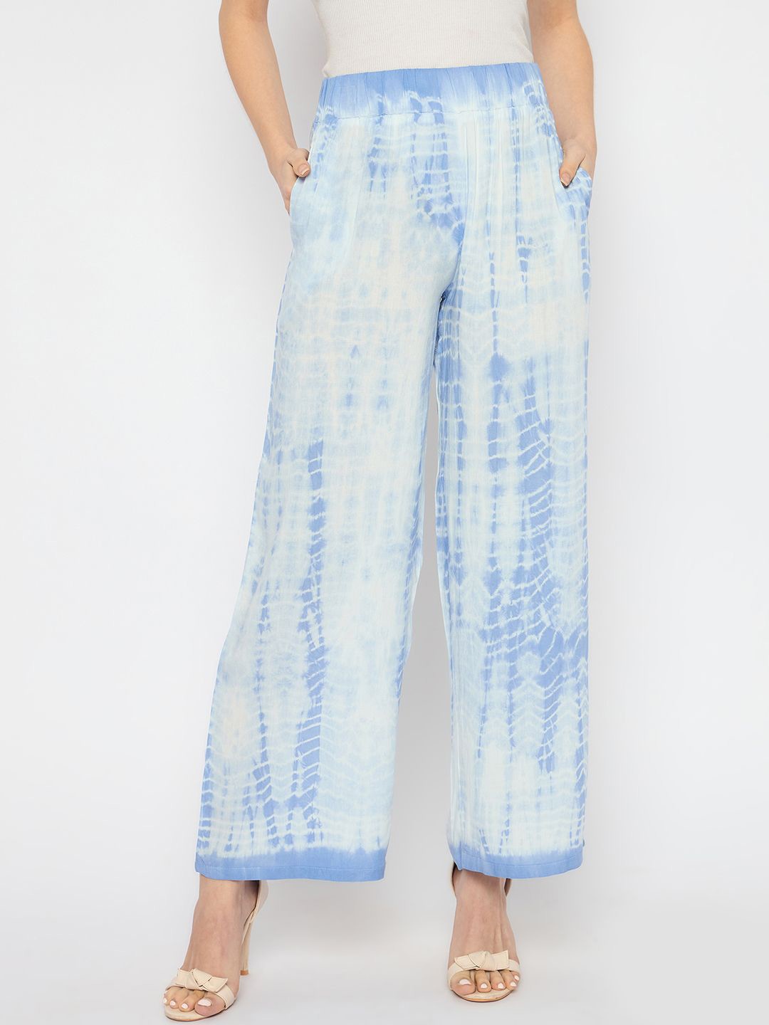 

Novio Women Tie and Dye Printed Cotton Flared Palazzos, Blue