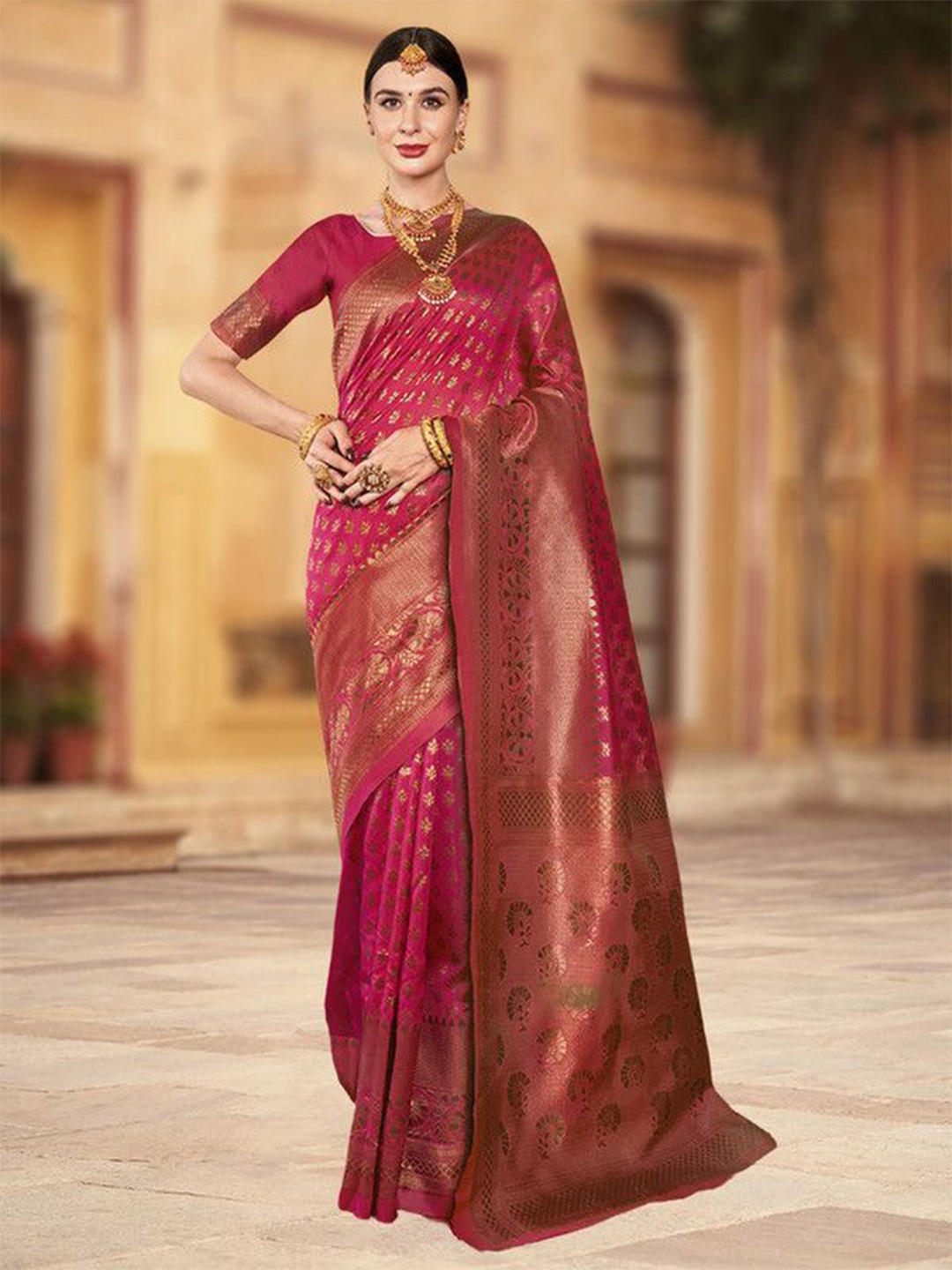 

sagarika Ethnic Motifs Zari Banarasi Saree, Pink