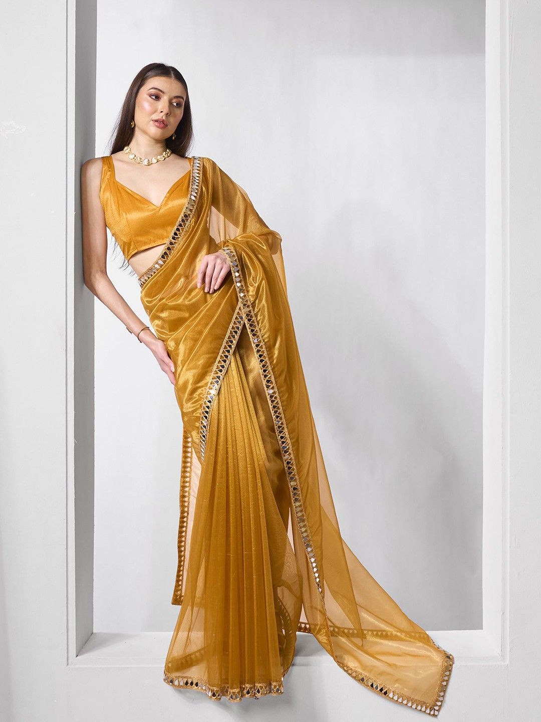 

Mitera Mirror Work Satin Saree, Gold
