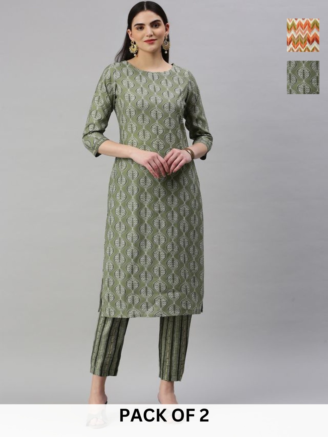 

KALINI Selection Of 2 Ethnic Motifs Printed Round Neck Straight Kurtas With Trousers, Green