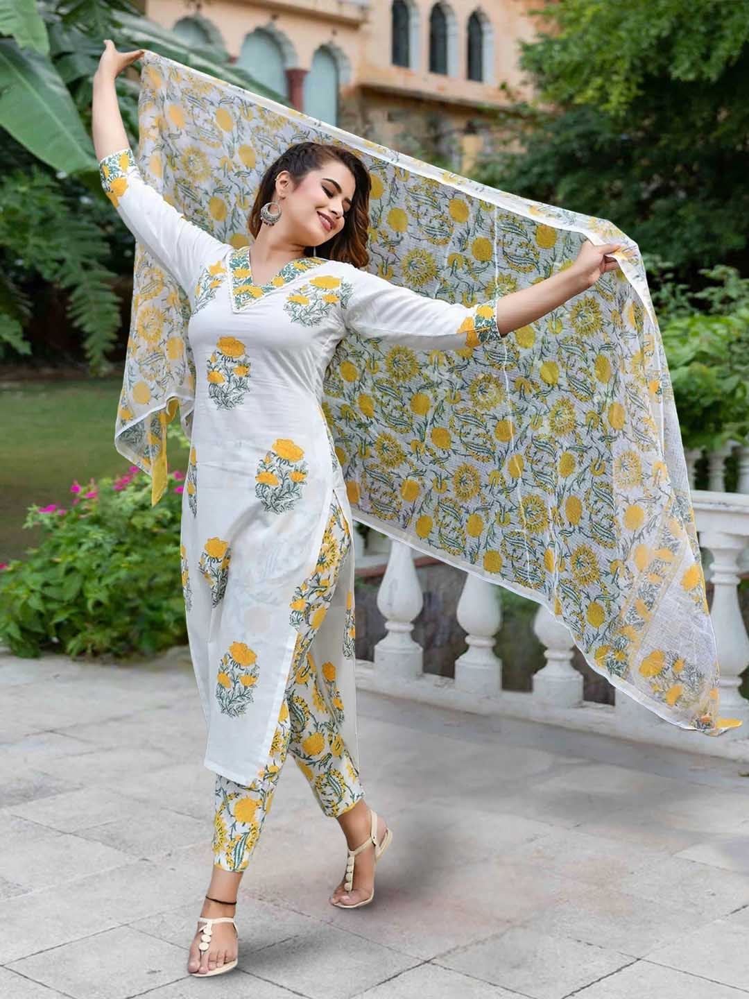 

7Threads Floral Printed V Neck Straight Kurta With Trousers And Dupatta, White
