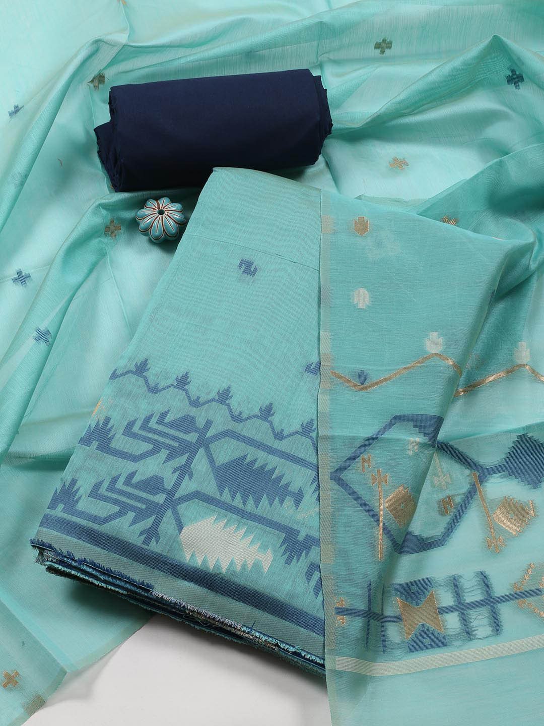 

Meena Bazaar Geometric Woven Design Art Silk Unstitched Dress Material, Blue