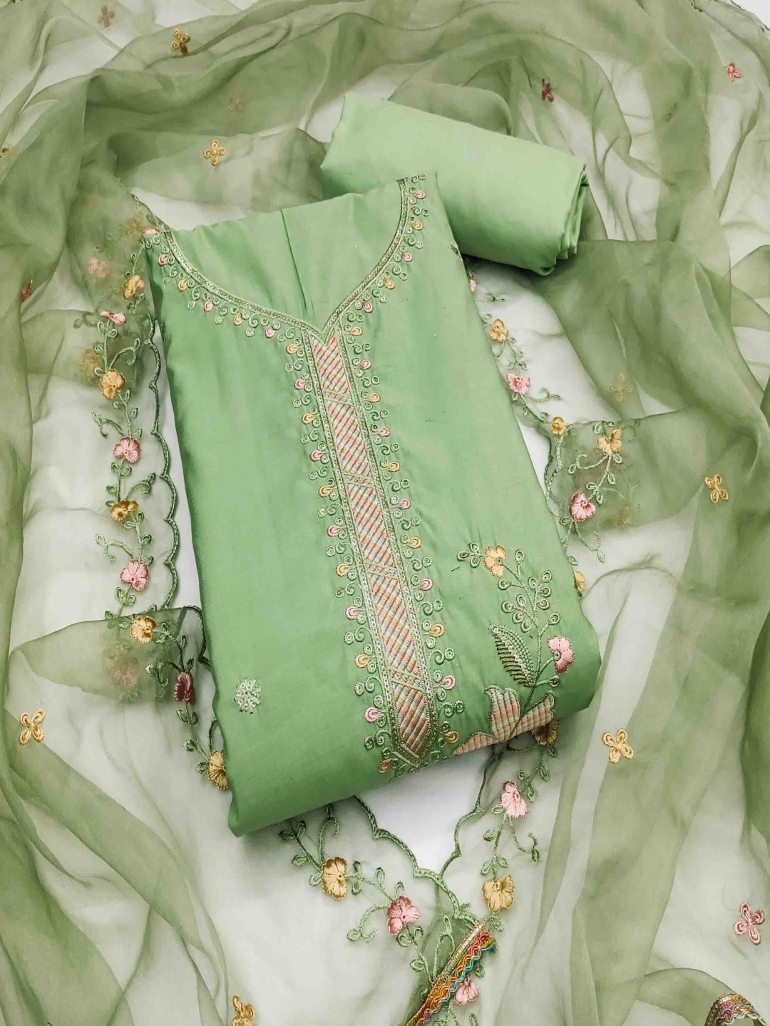 

KIMISHA Floral Embroidered Unstitched Dress Material, Green