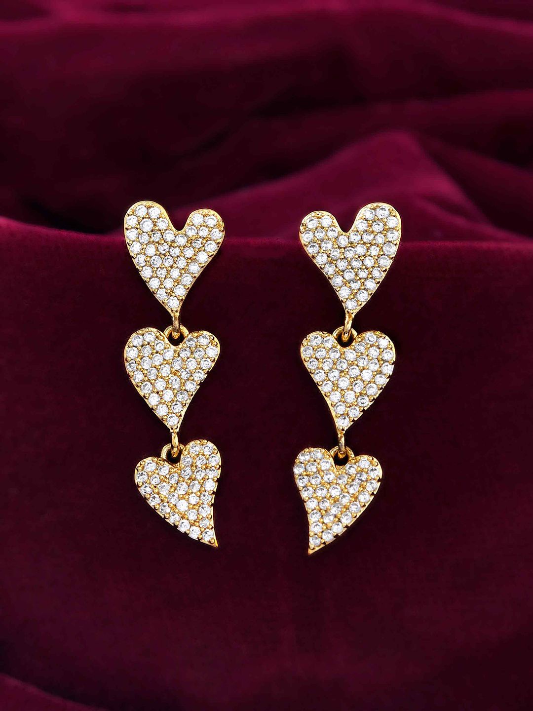 

Voylla Trendy Heart Gold-Plated American Diamond Brass Drop Earrings