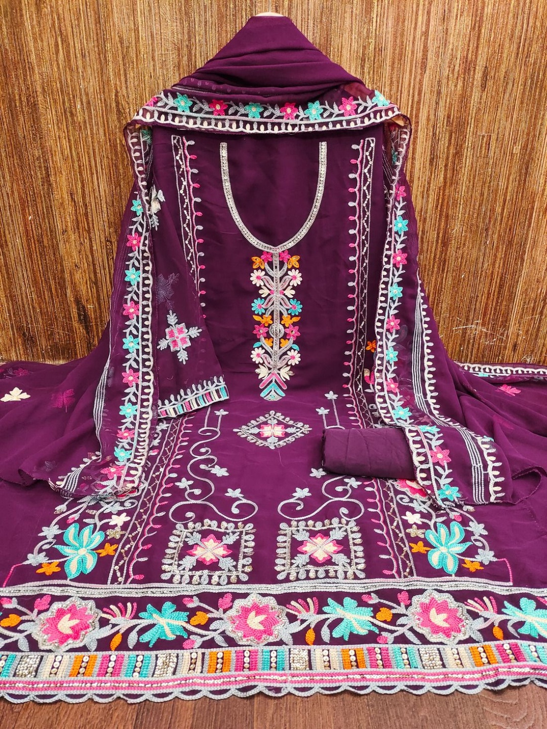 

Aika Floral Embroidered Silk Georgette Unstitched Dress Material, Purple