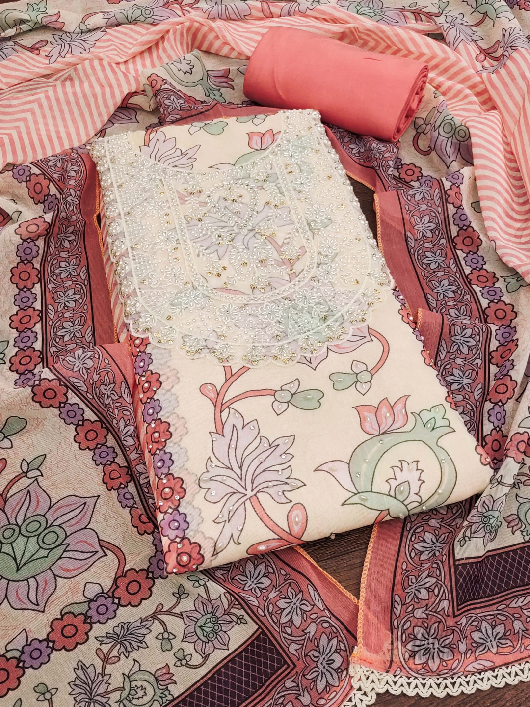 

HERE&NOW Floral Printed Beads and Stones Organza Unstitched Dress Material, Peach