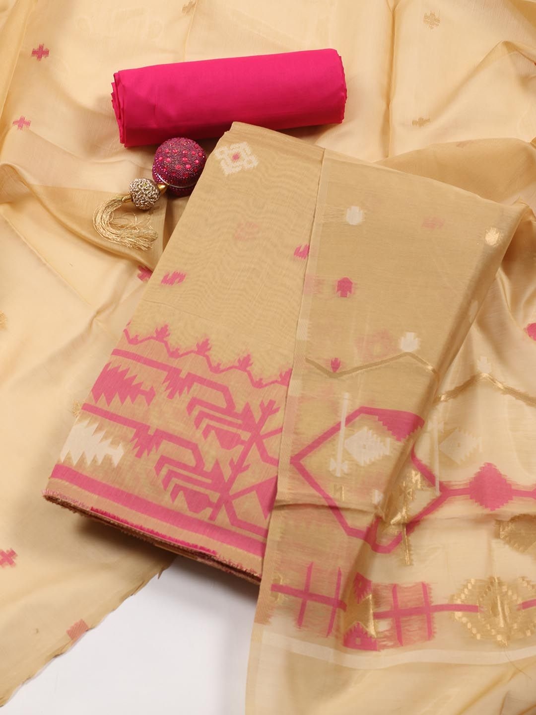 

Meena Bazaar Geometric Woven Design Chanderi Unstitched Dress Material, Beige