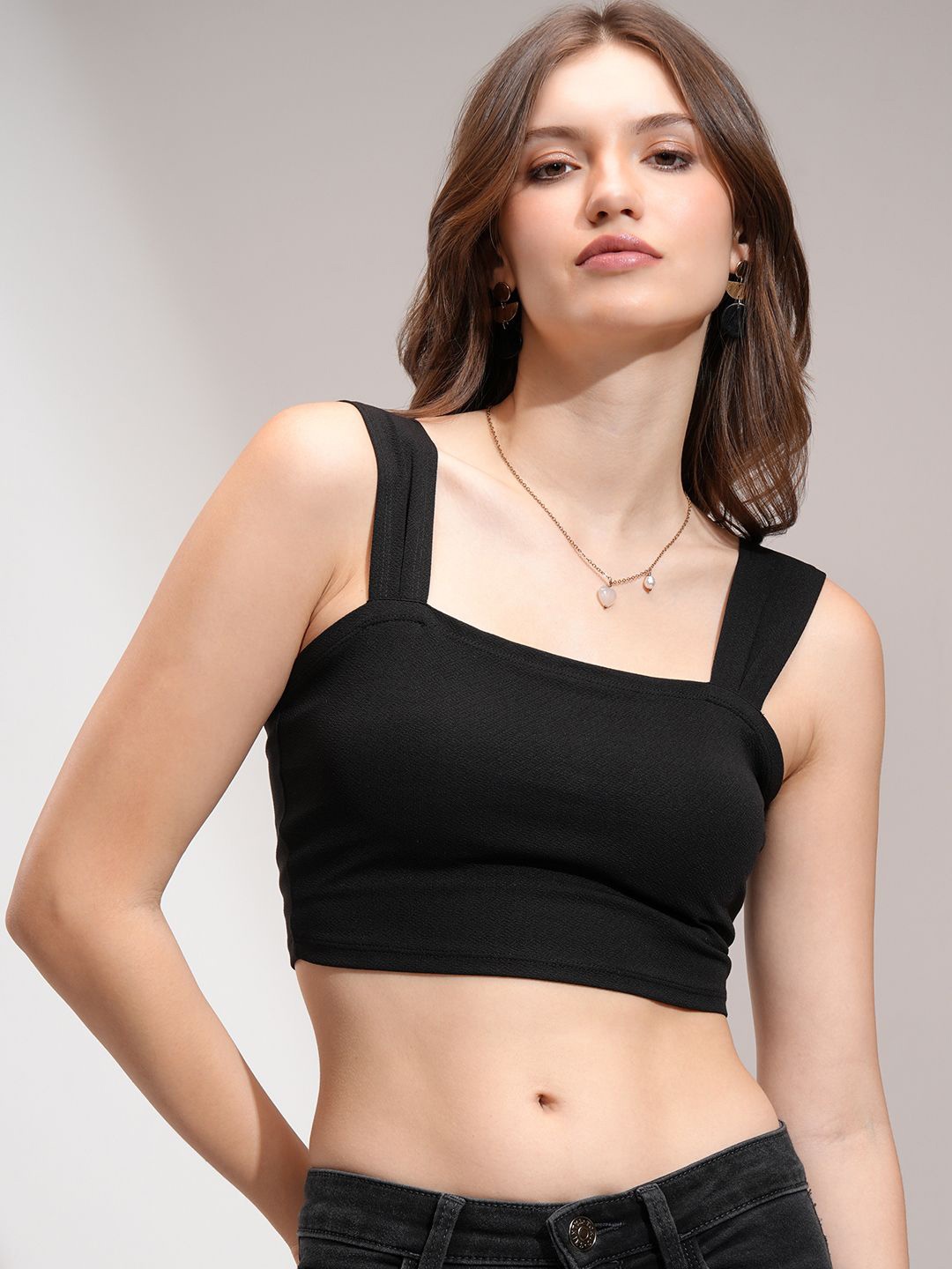 

Street By Tokyo Talkies Women Solid Shoulder Strap Crop Top, Black