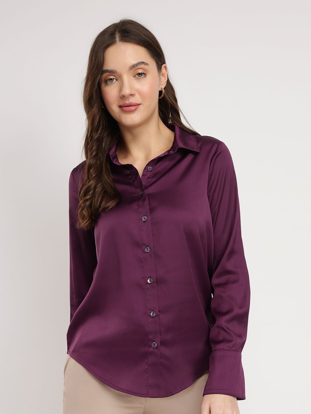 

FableStreet Women Comfort Fit Spread Collar Solid Satin Casual Shirt, Burgundy