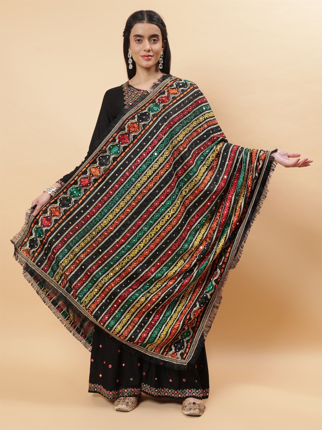 

Moda Chales Ethnic Motifs Embroidered Dupatta With Phulkari, Black