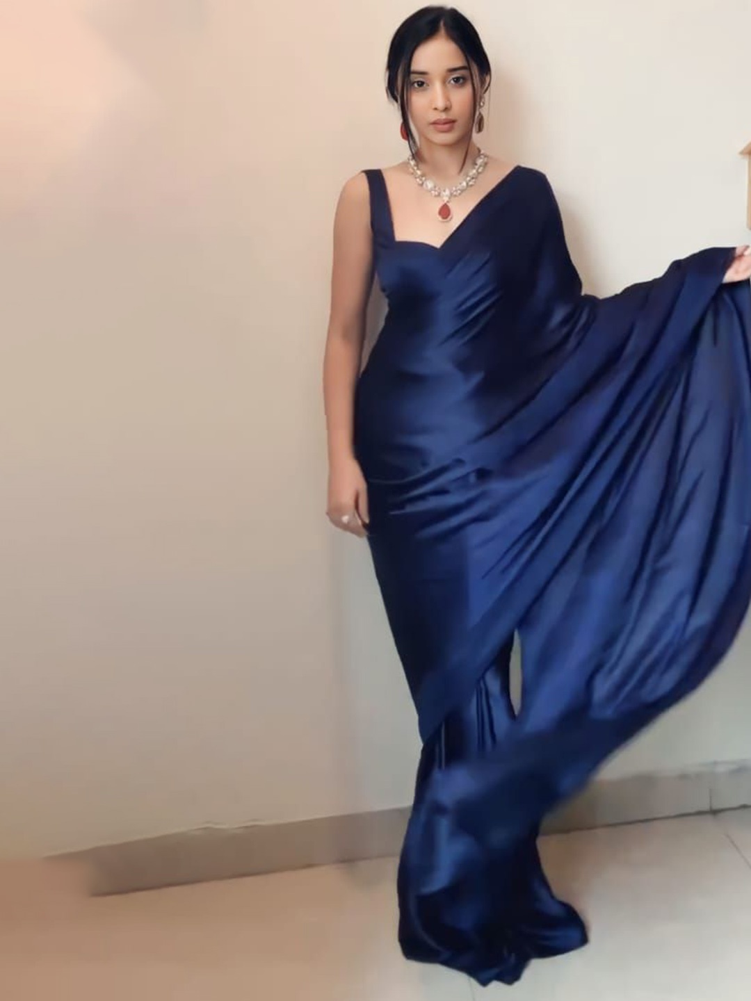 

HMP Fashion Satin Ready to Wear Saree, Blue