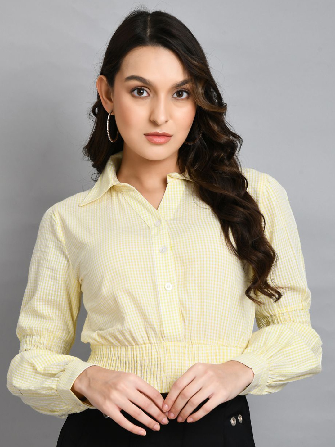 

DressBerry Checked Puff Sleeve Cotton Crop Top, Yellow