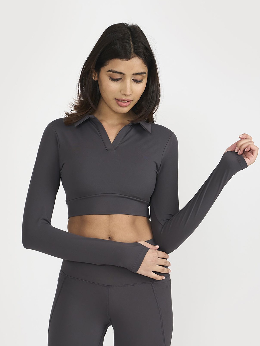 

Hunnit Zen Polo Neck Long Sleeve Active Wear Crop Top, Grey