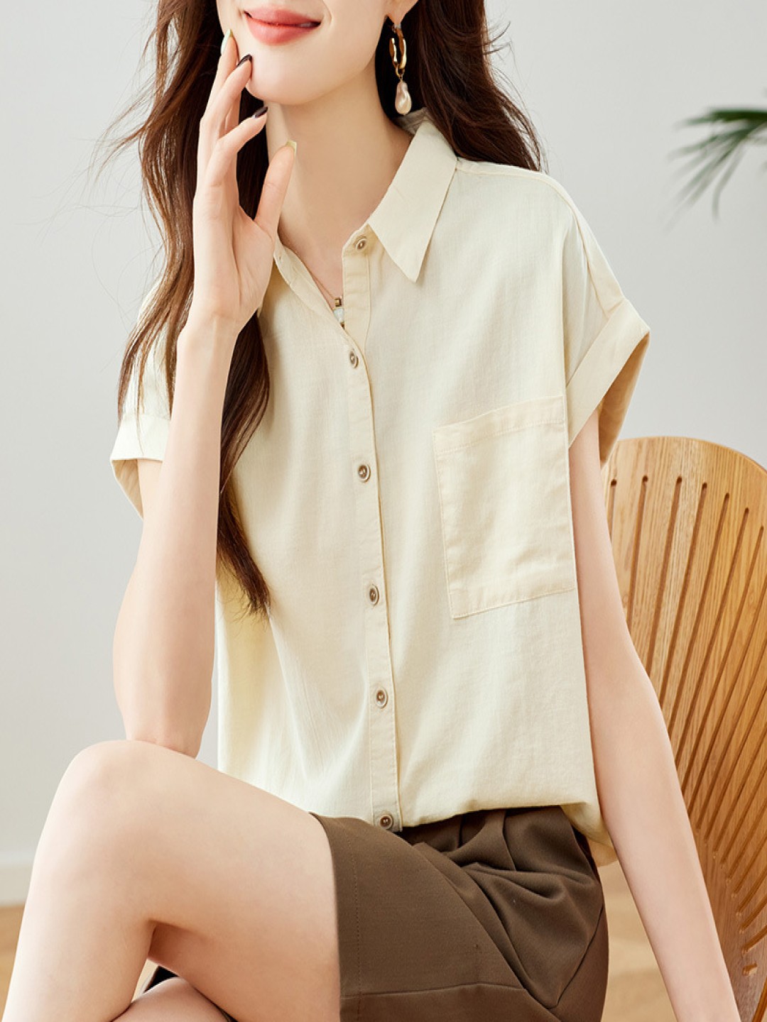 

StyleCast Women Spread Collar Solid Cotton Casual Shirt, Beige