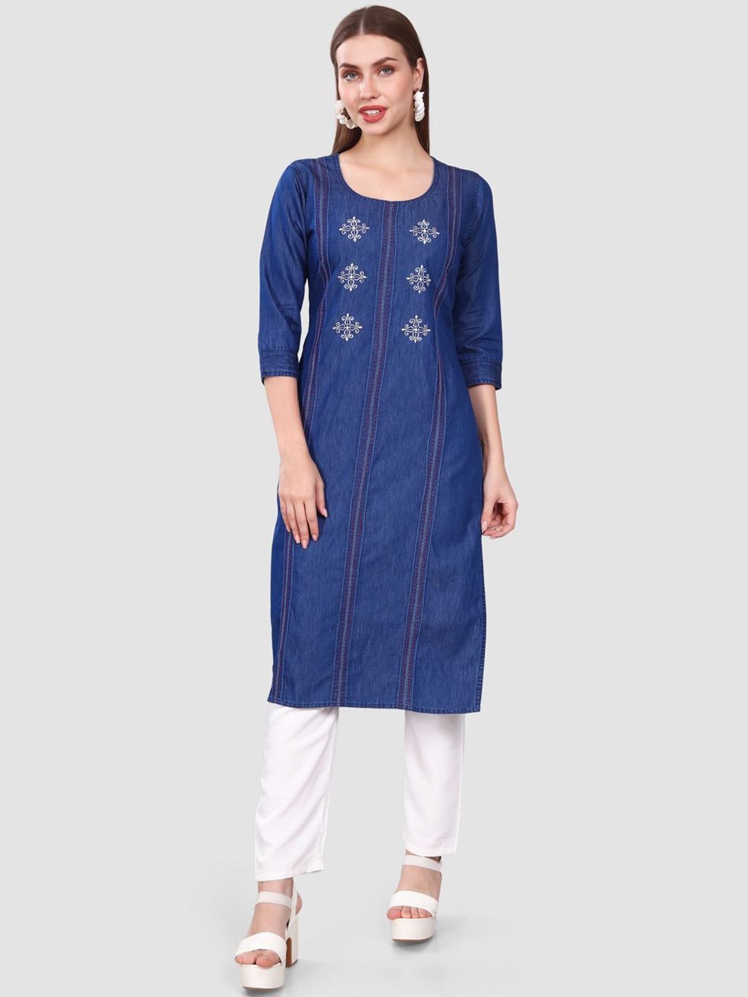 

SK Creation Women Embroidered Denim Straight Kurta, Blue