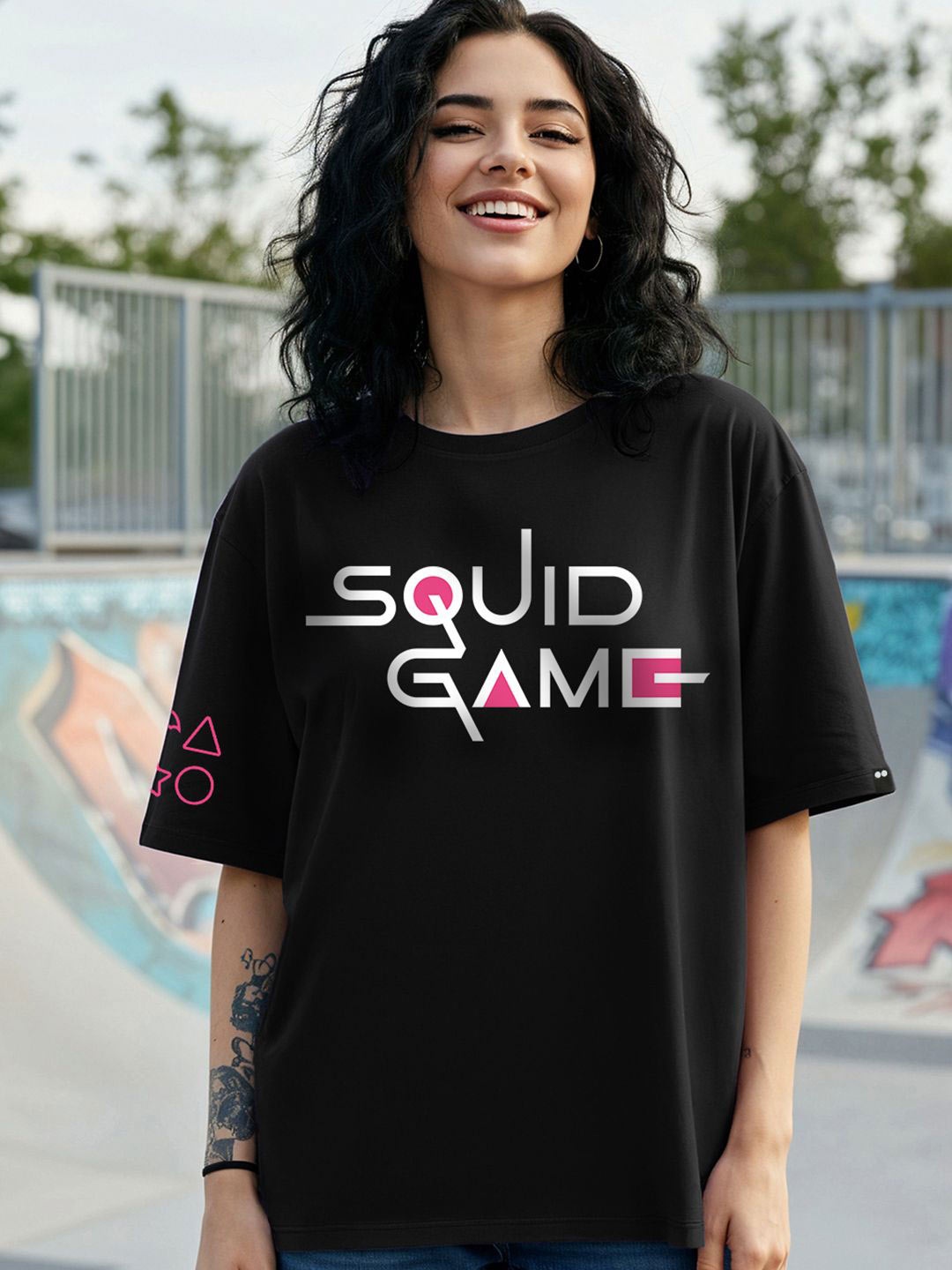 

Bewakoof Official Squid Game Merchandise Women's Graphic Printed Oversized T-Shirt, Black