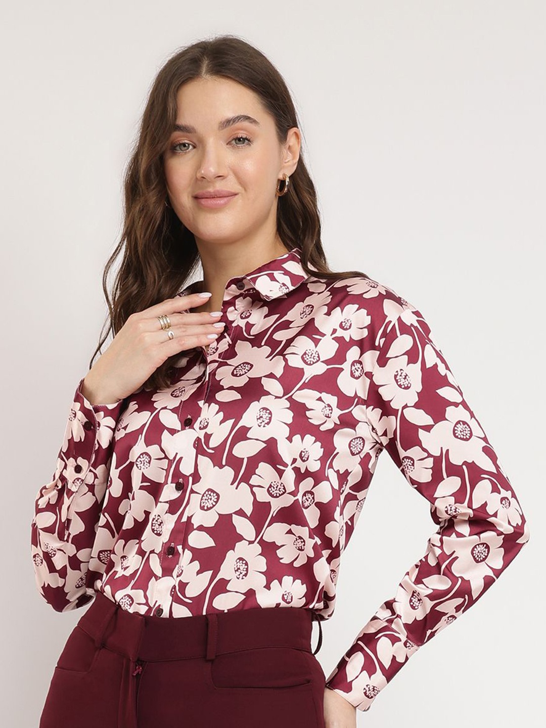 

FableStreet Women Comfort Fit Spread Collar Floral Printed Satin Casual Shirt, Maroon