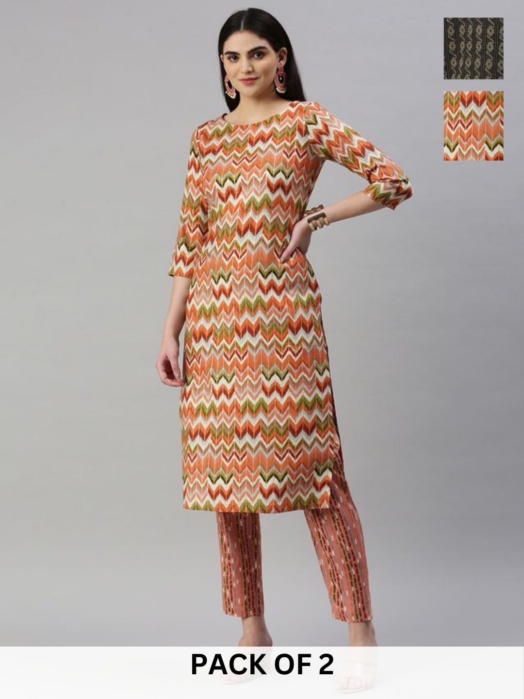 

KALINI Selection Of 2 Chevron Printed Round Neck Straight Kurta With Trousers, Rust