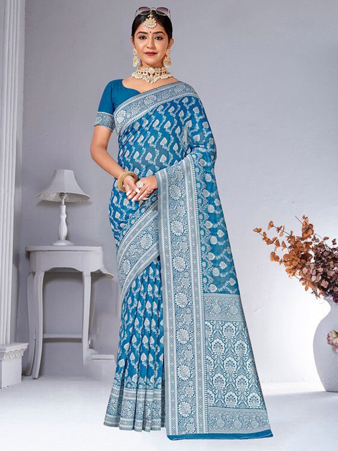 

sagarika Woven Design Zari Chanderi Saree, Teal