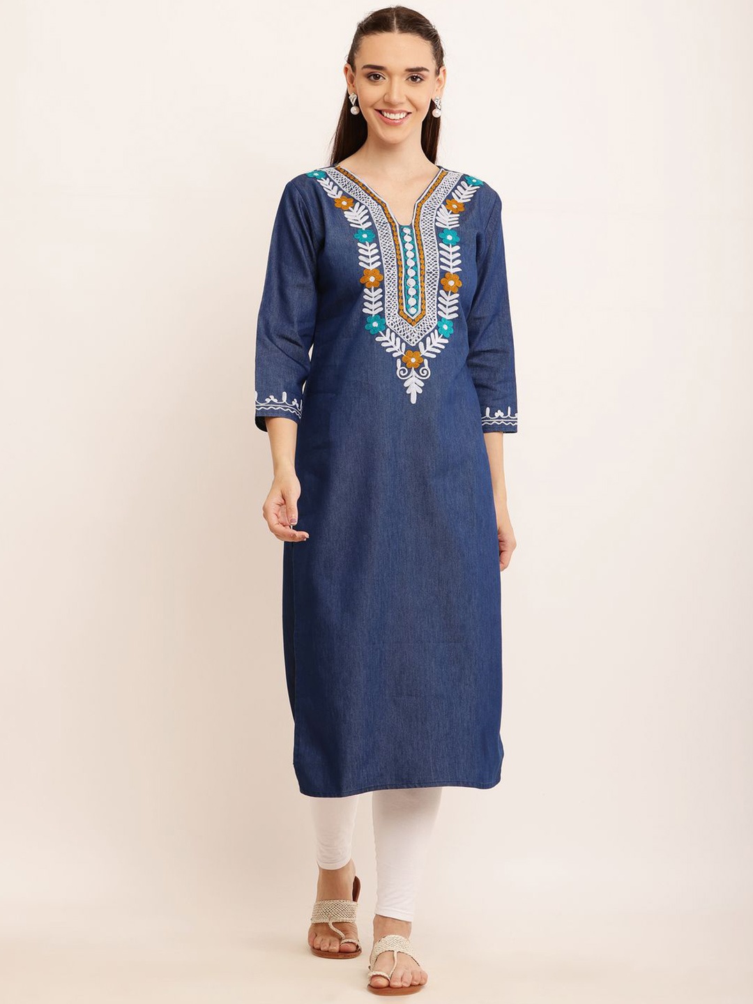 

Sellingsea Women Yoke Design Thread Work Denim Kurta, Blue