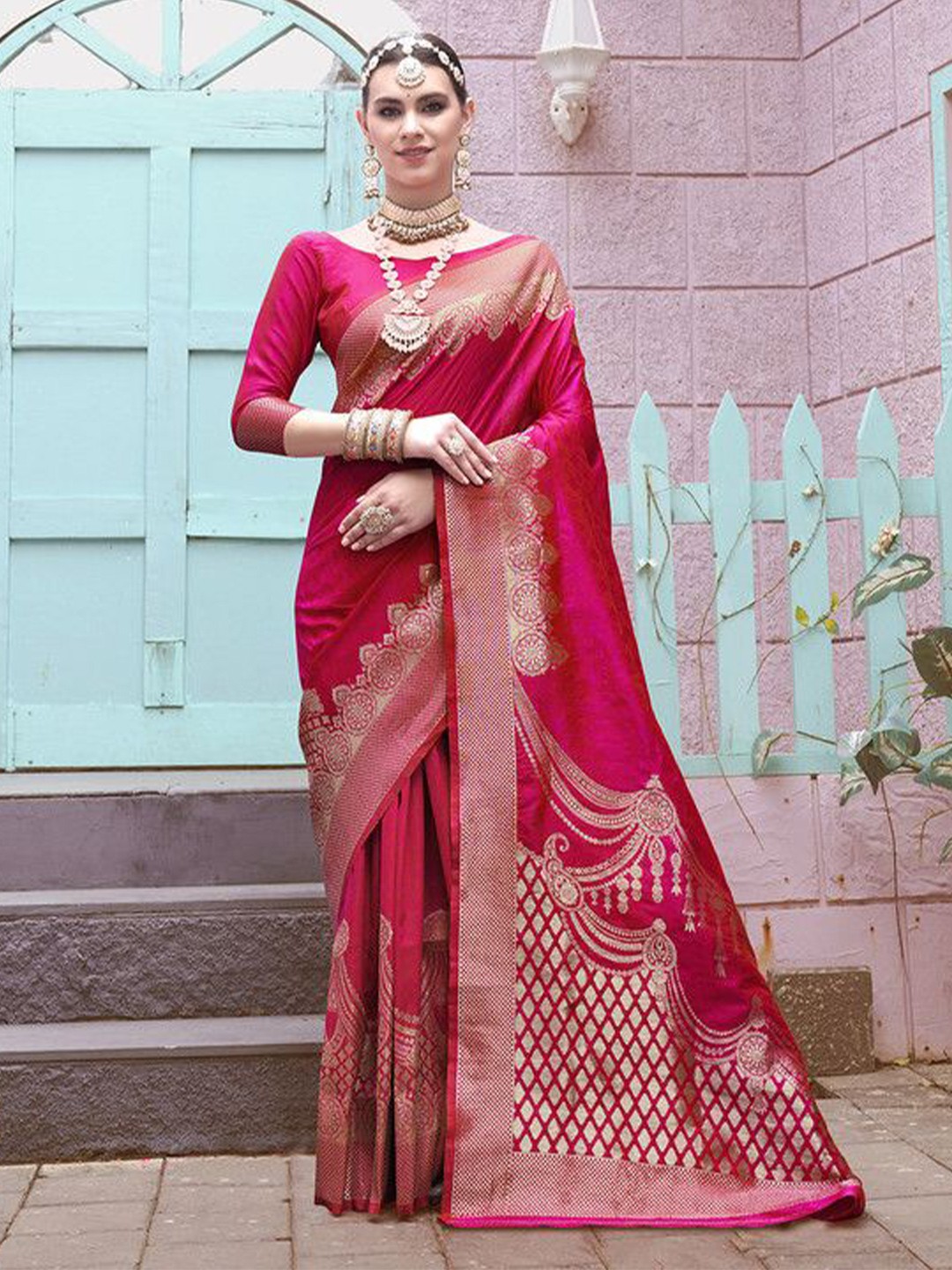 

sagarika Woven Design Zari Banarasi Saree, Pink
