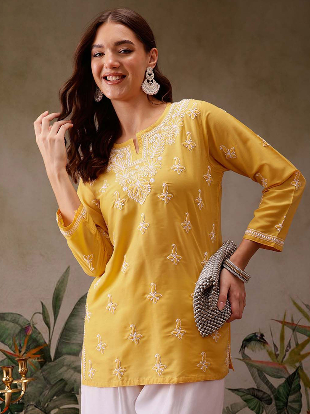 

ADA Women Ethnic Motifs Embroidered Chikankari Kurti, Yellow