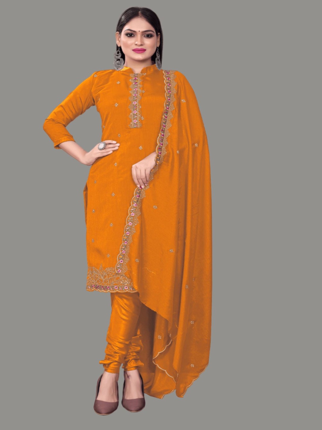 

Aika Floral Embroidered Pure Silk Unstitched Dress Material, Orange