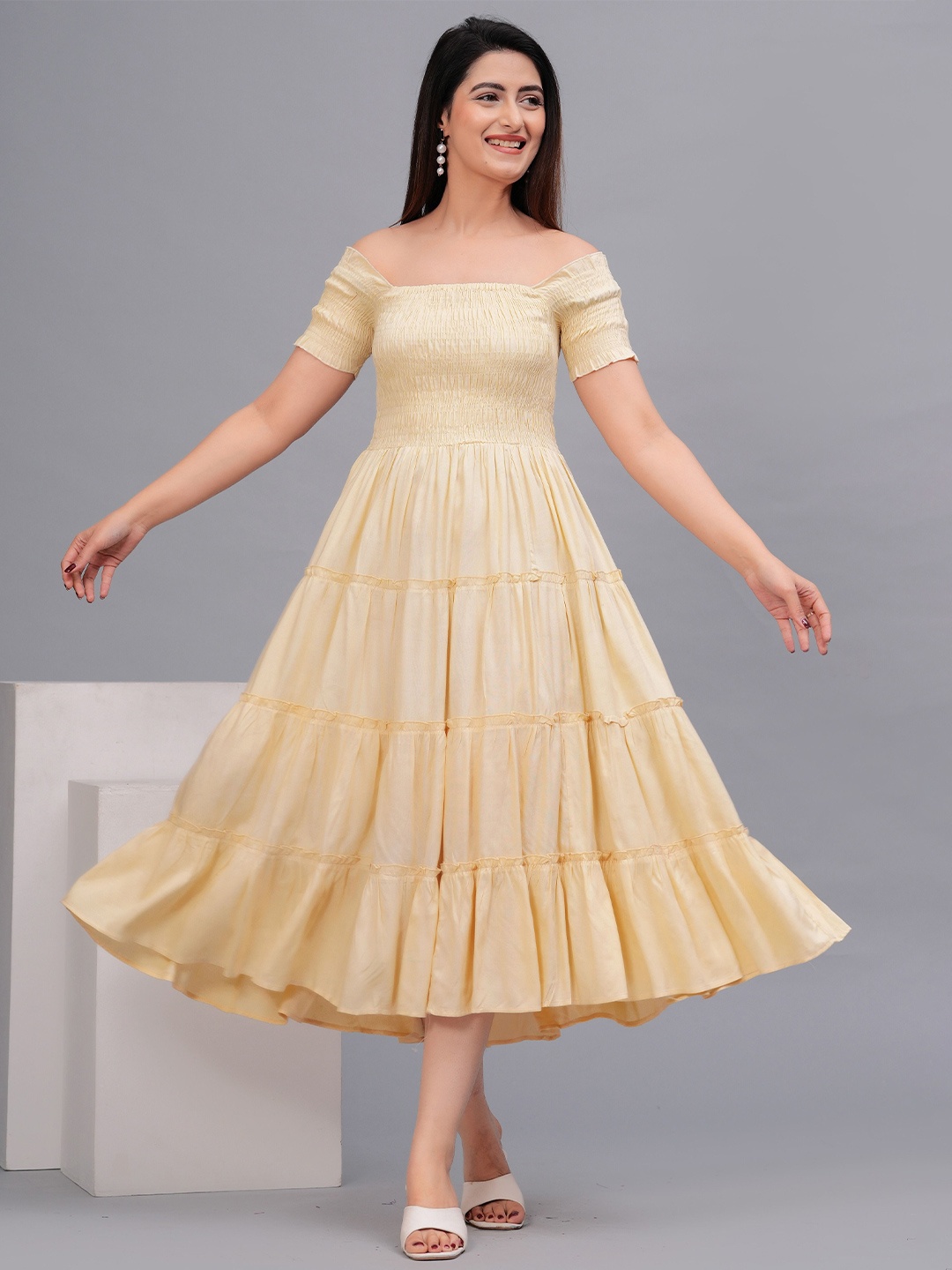 

Fmkcreation Fit & Flare Smocked Midi Dress, Beige