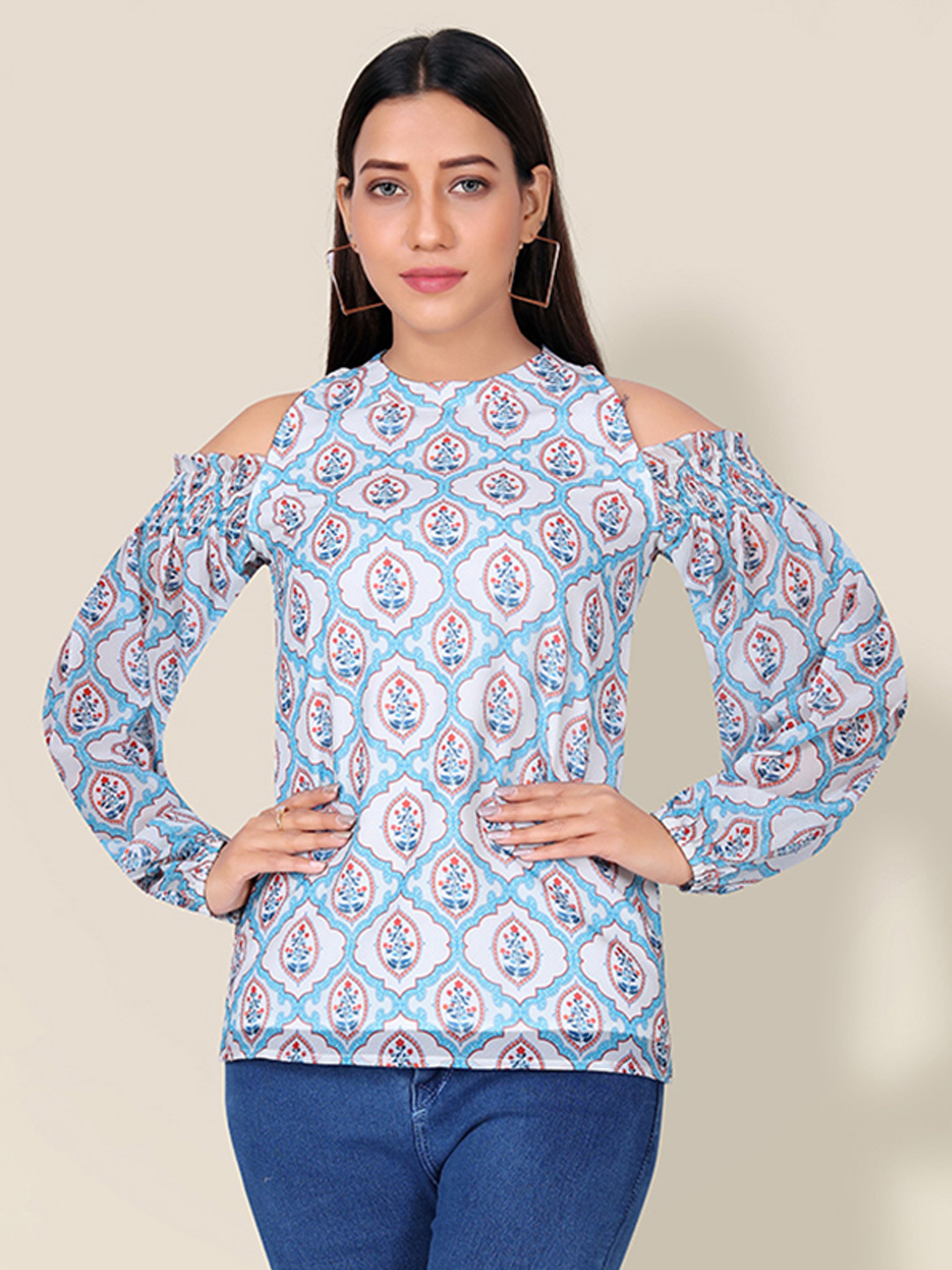 

BAESD Floral Print Cold-Shoulder Cotton Georgette Top, Multi