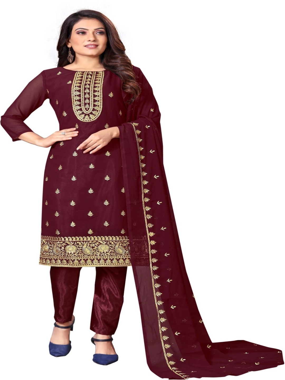 

Aika Floral Embroidered Silk Georgette Unstitched Dress Material, Maroon