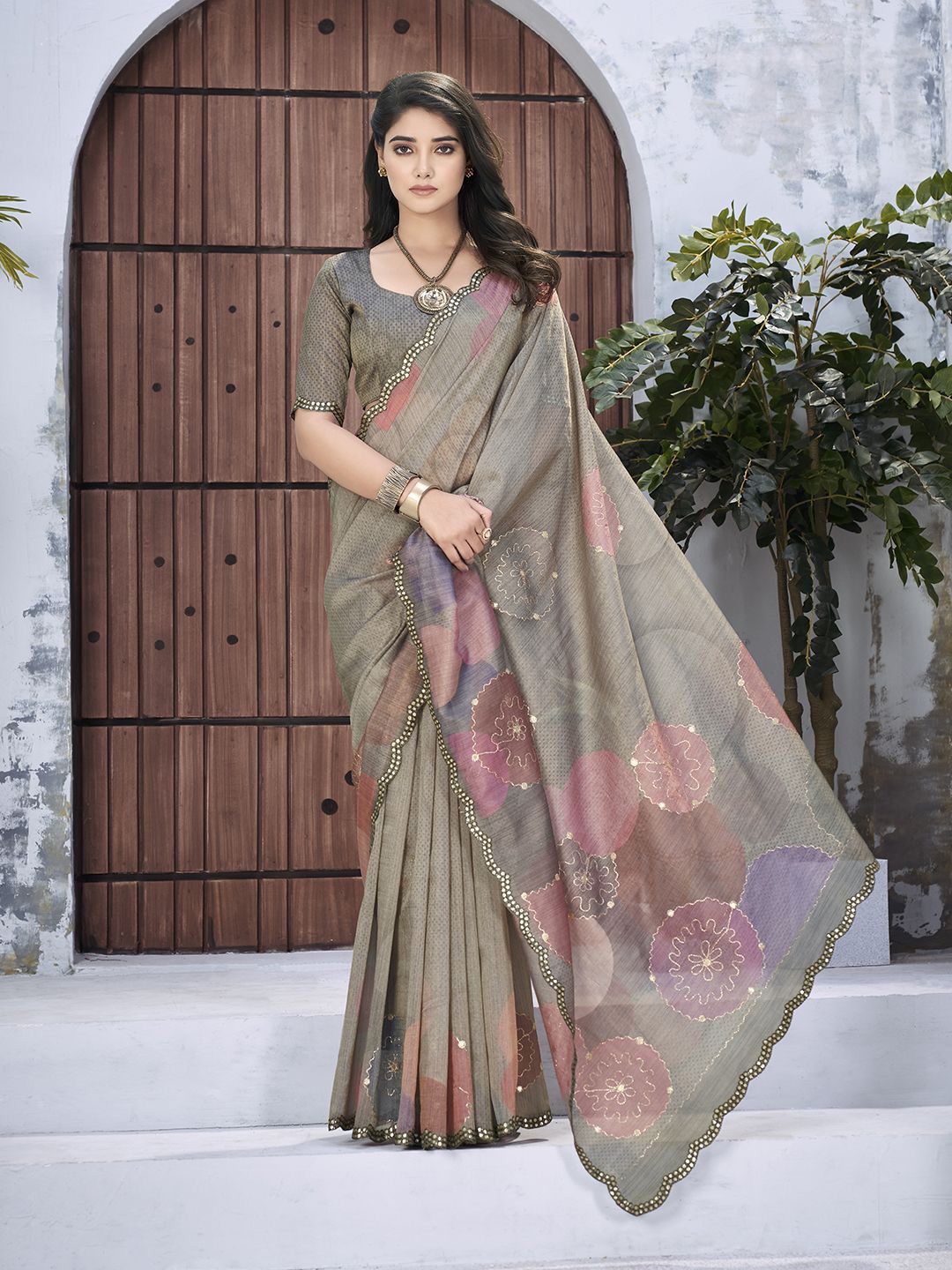 

all about you Mirror Work Organza Saree, Brown