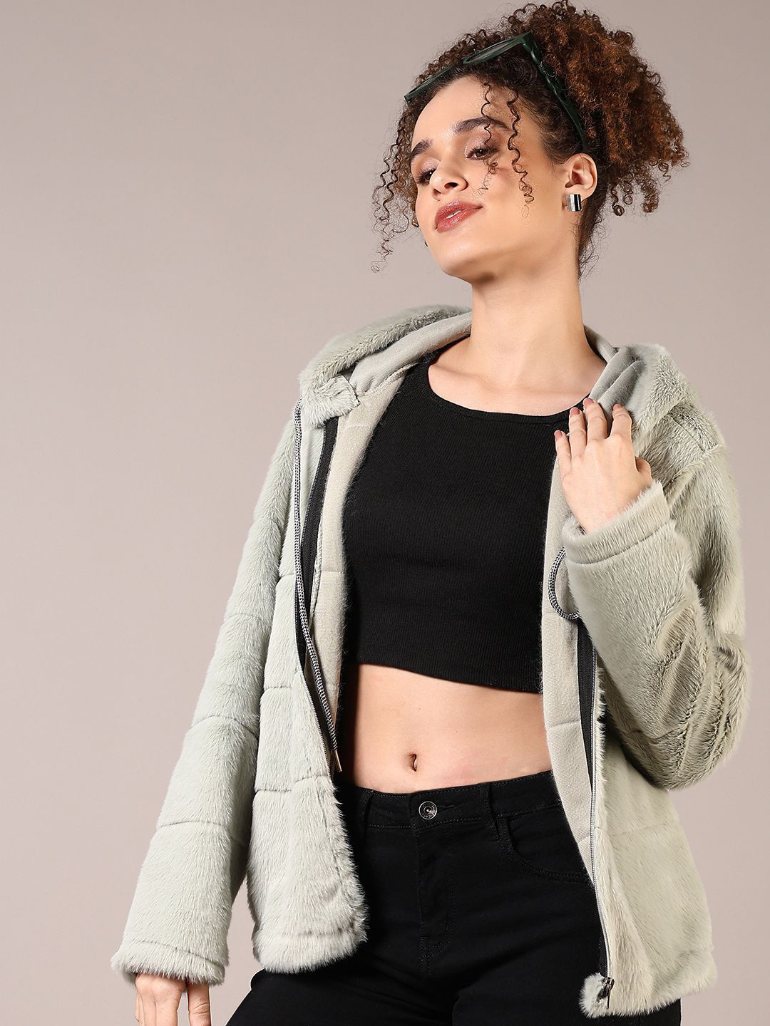 

V-Mart Women Fur Hooded Neck Sweatshirt, Green