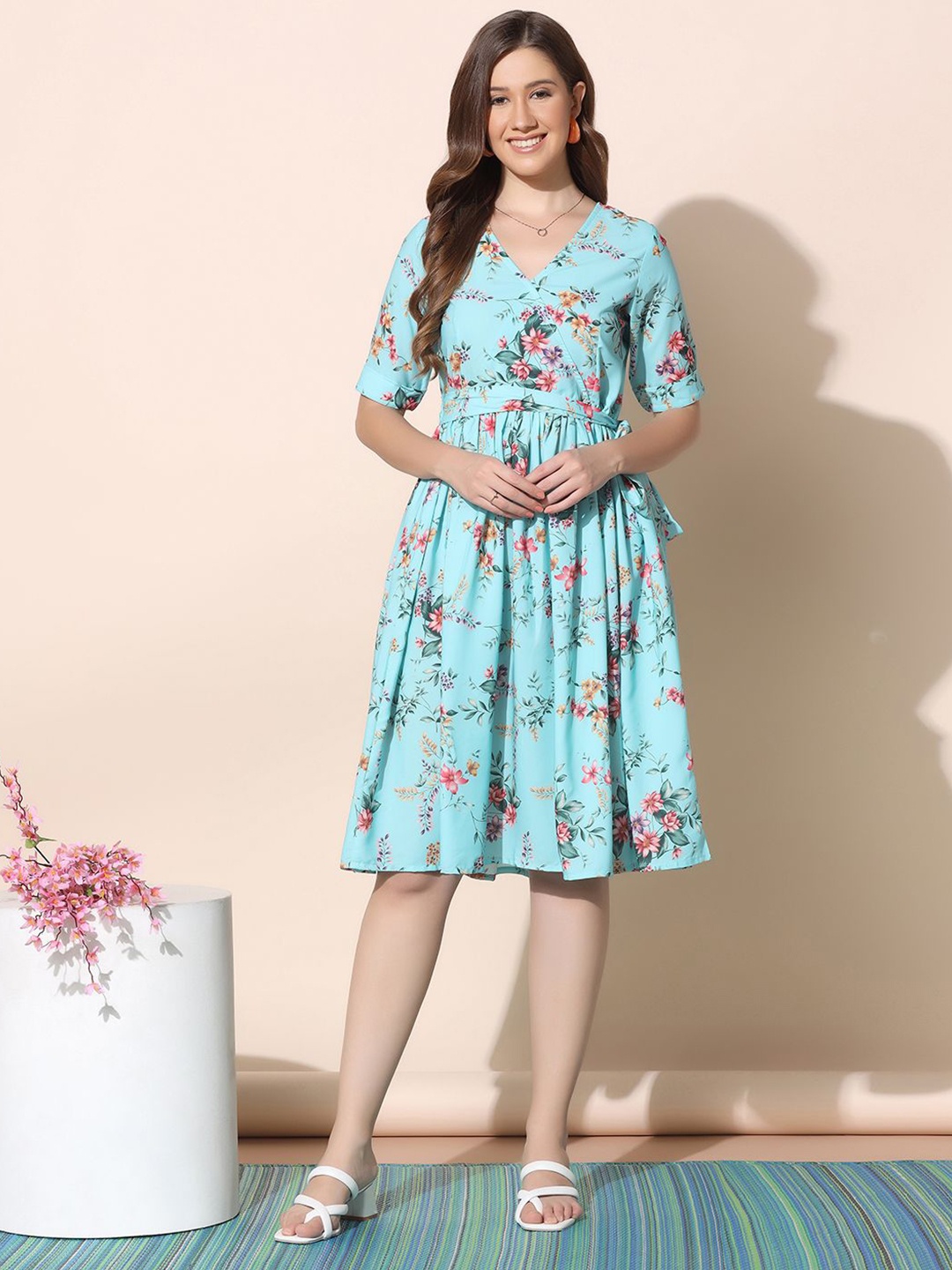 

BAESD Women Floral Printed Chiffon Fit & Flare Dress, Blue